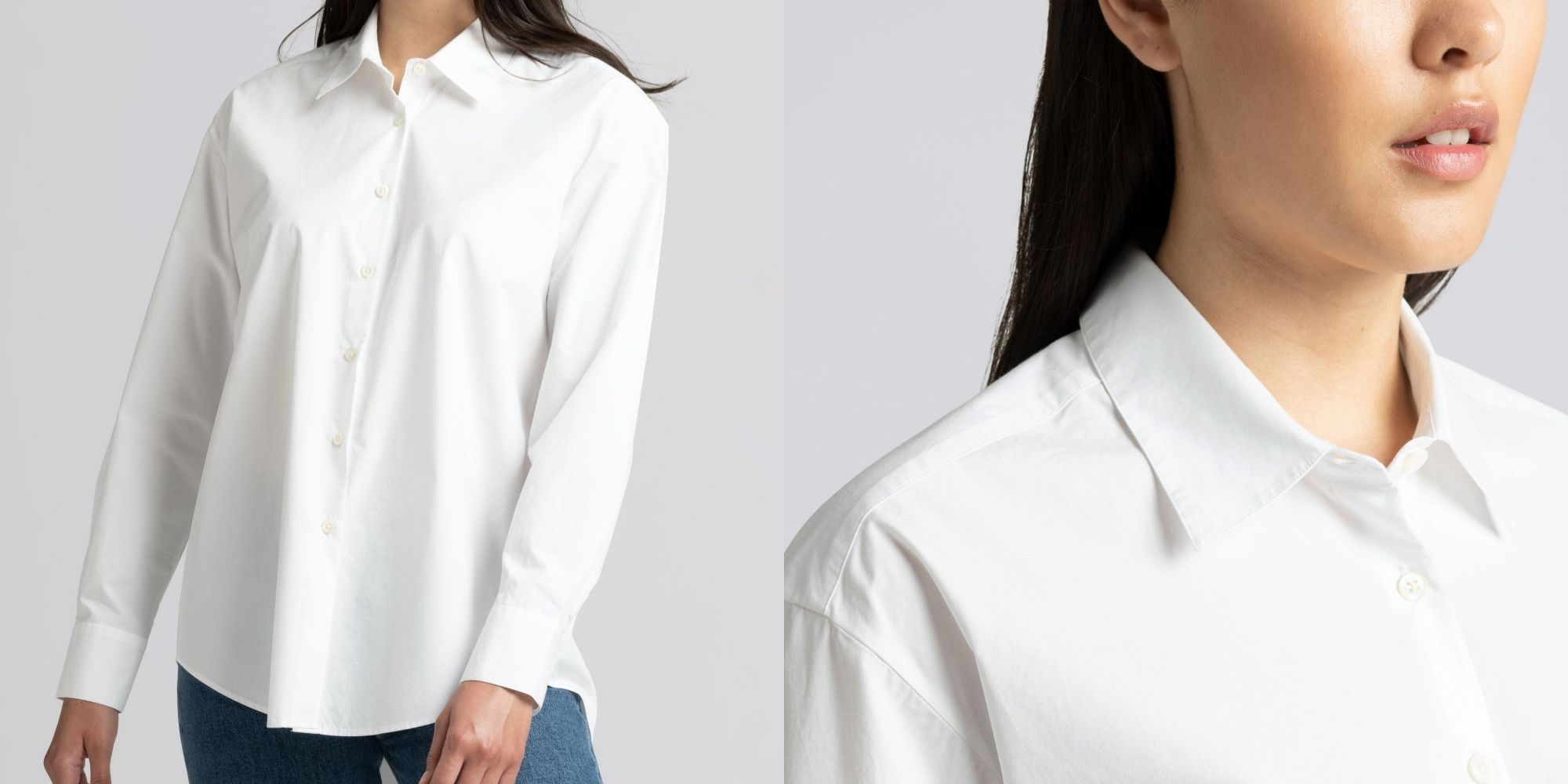 woman wearing white sustainable dress shirt by ASKET