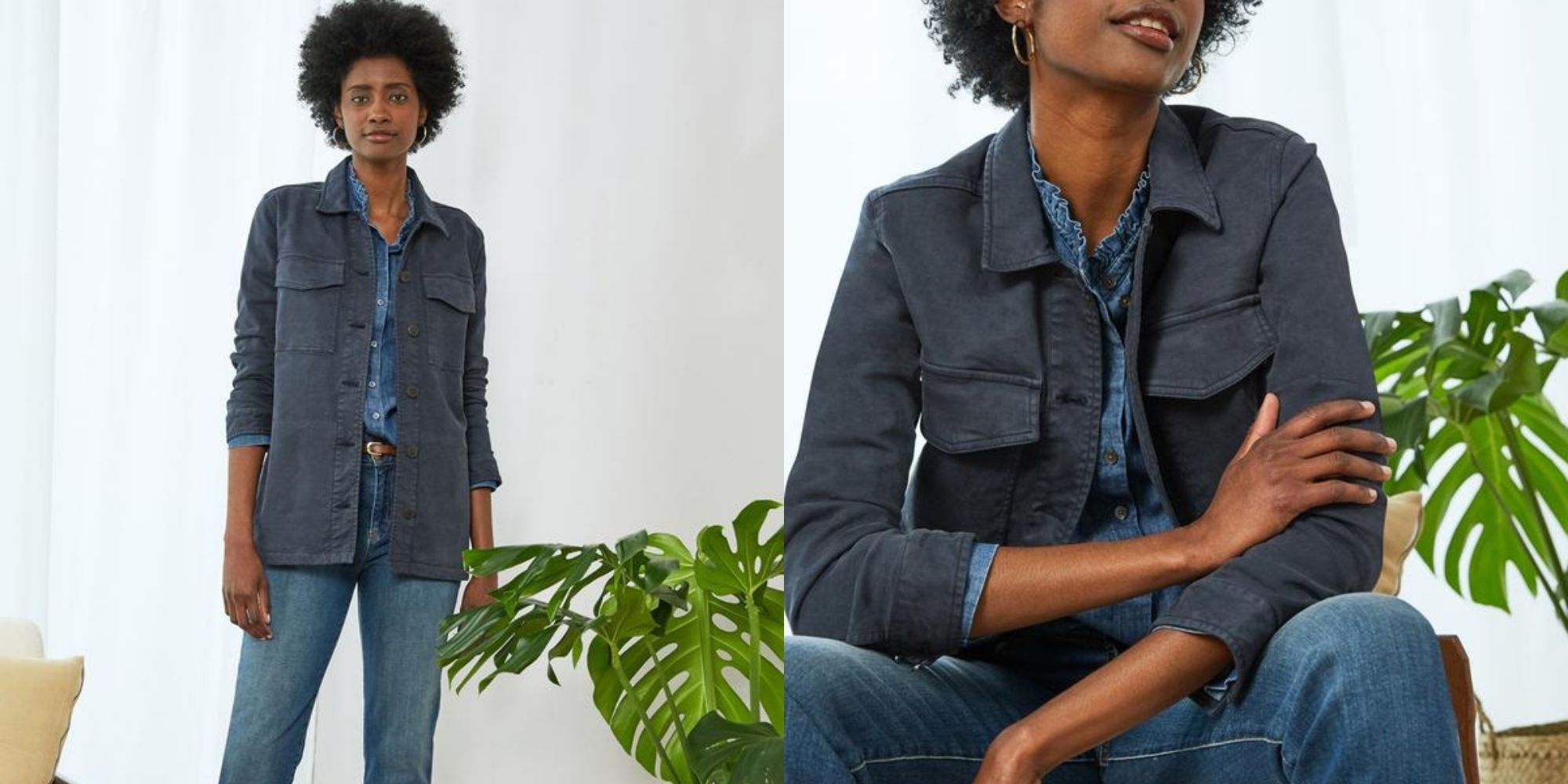 woman of colour wearing grey eco-friendly coat by Baukjen