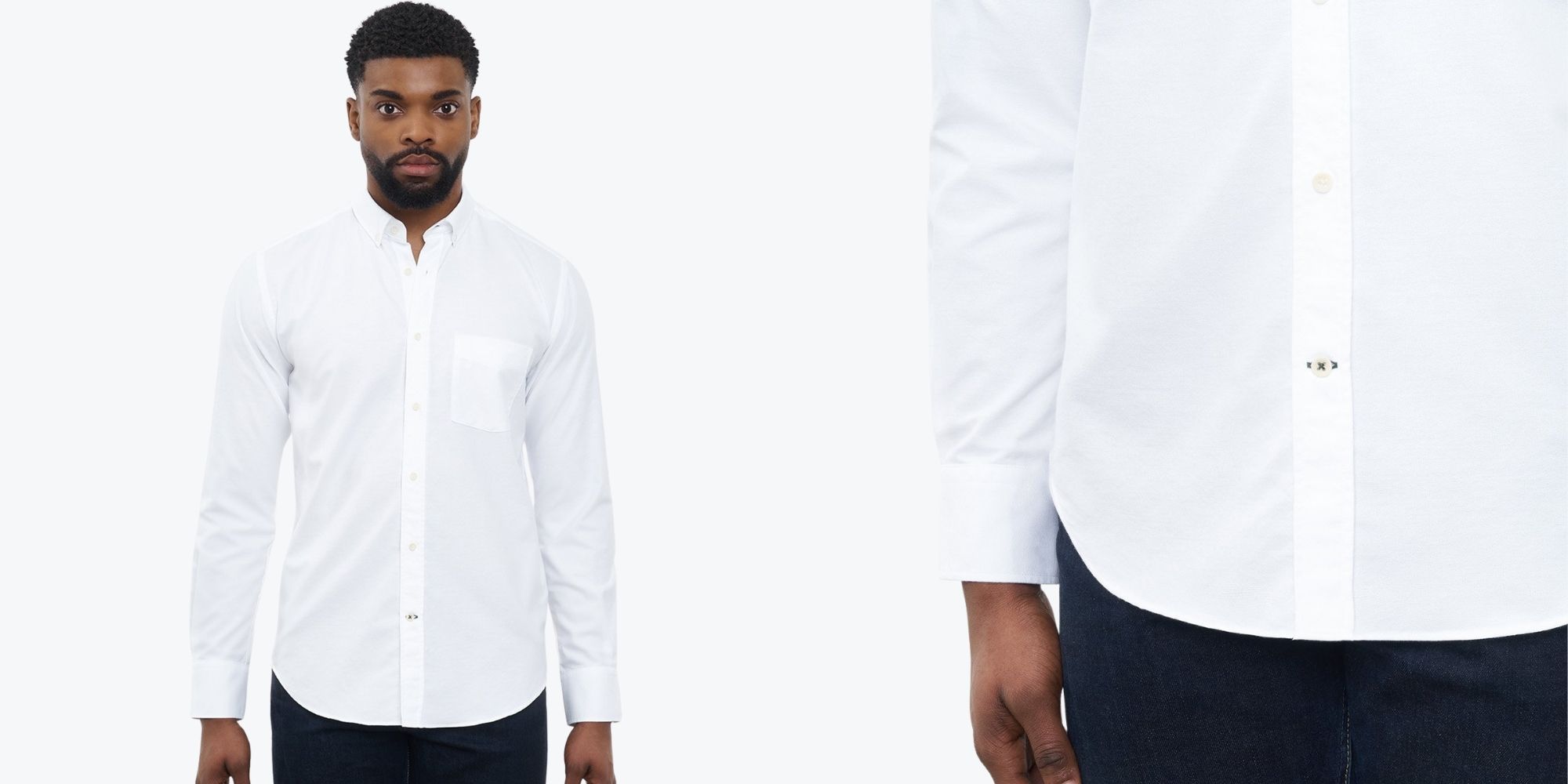 black man wearing sustainable white oxford dress shirt by CARPASUS
