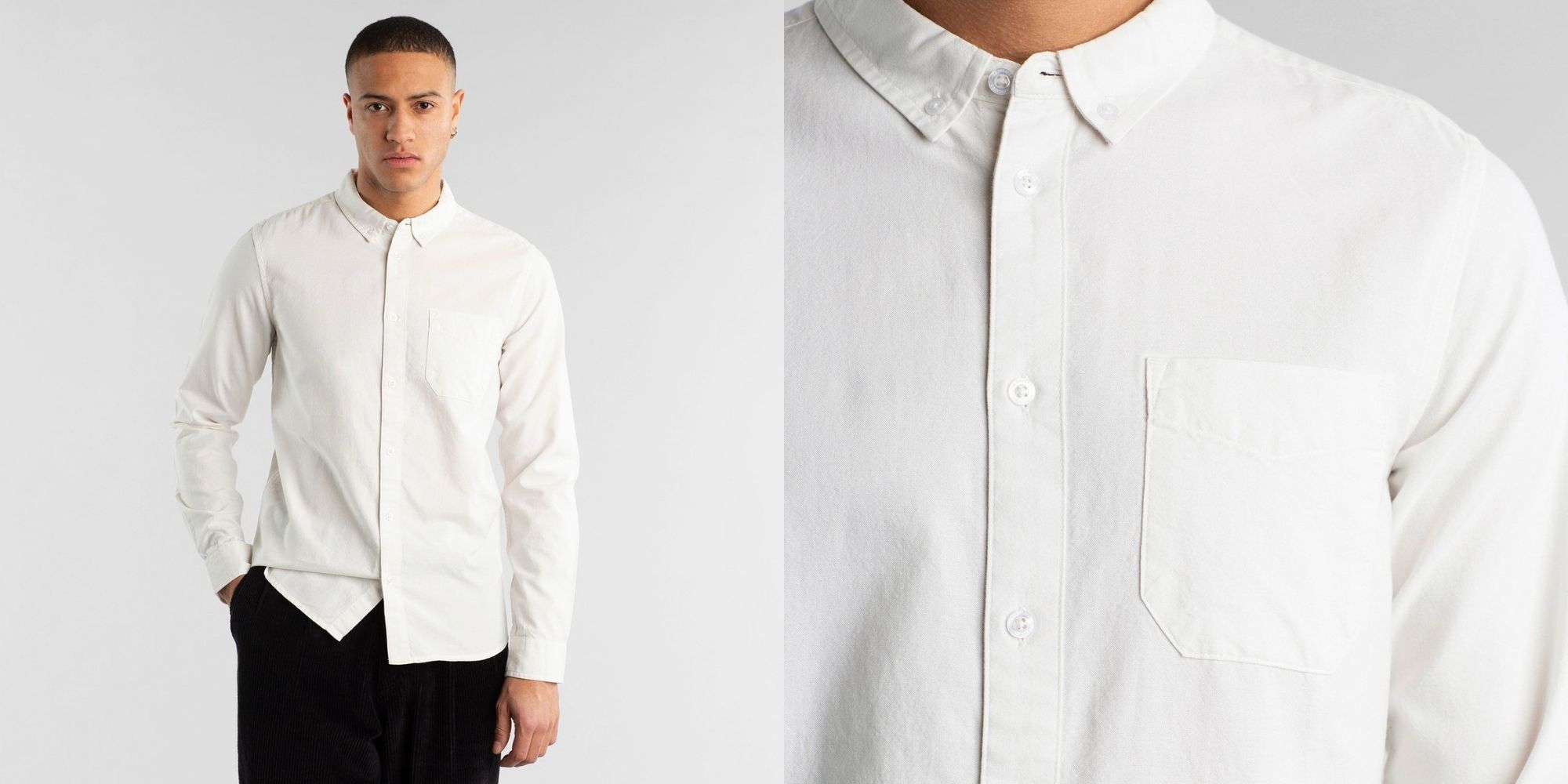man of colour wearing white basic white button up shirt ethically made by Dedicated