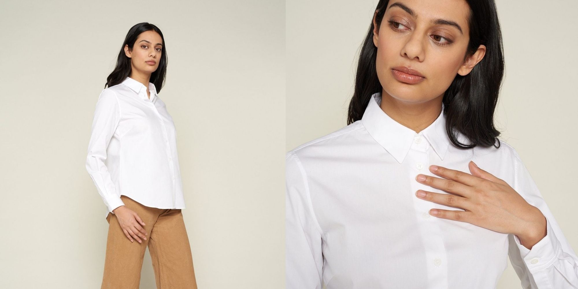 woman wearing sustainably made white dress shirt by GRAMMAR NYC