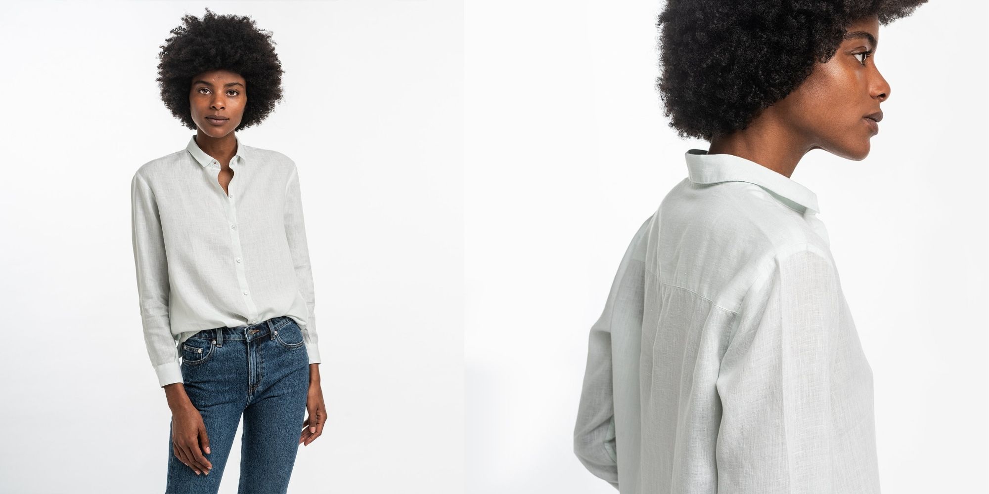 black woman wearing ISTO linen sustainable white dress shirt