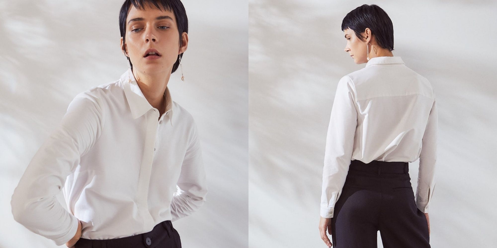 woman wearing white everyday button down eco-friendly shirt by Kowtow