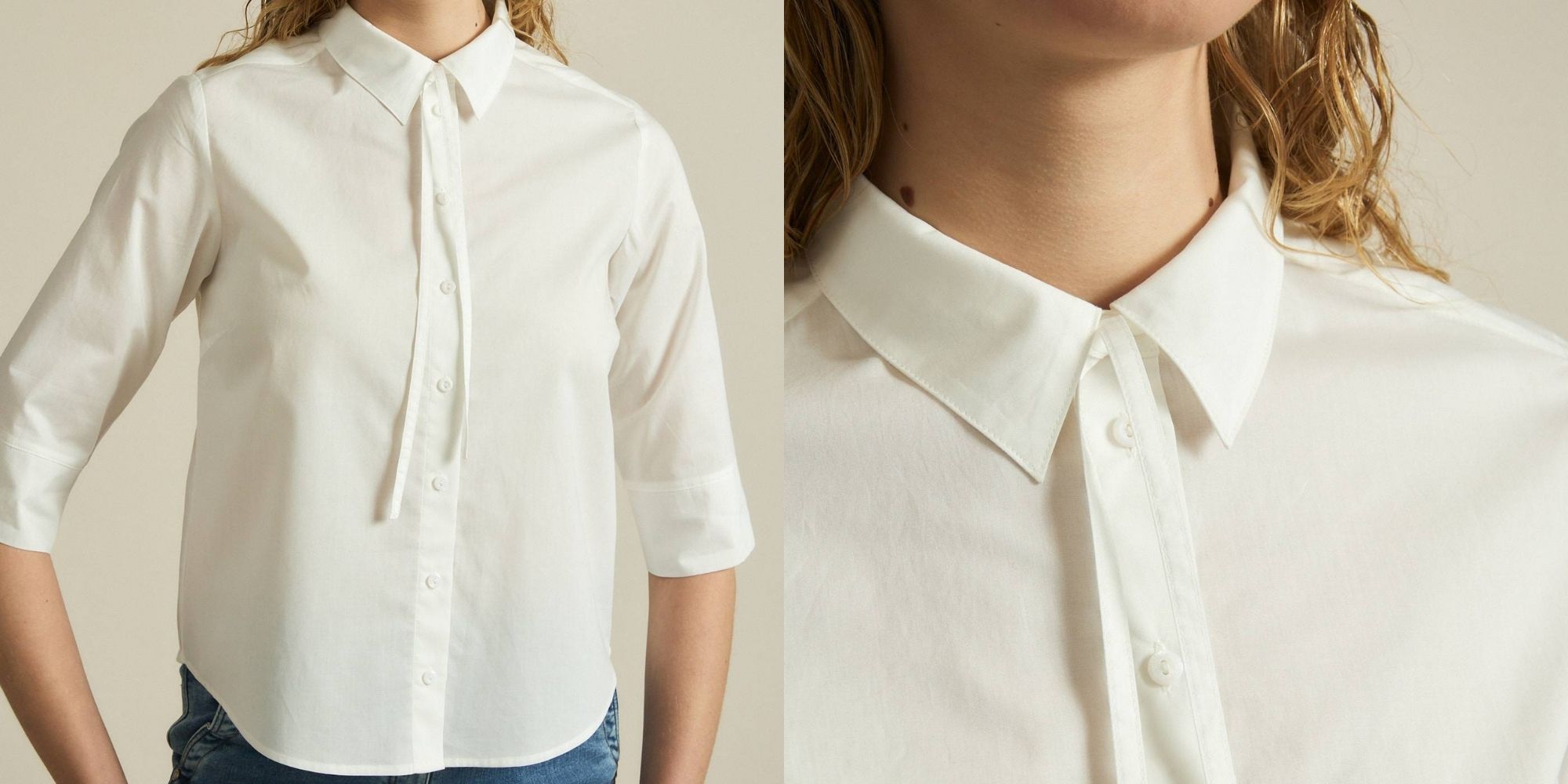 woman wearing 3/4 sleeve white button up sustainable shirt by LANIUS