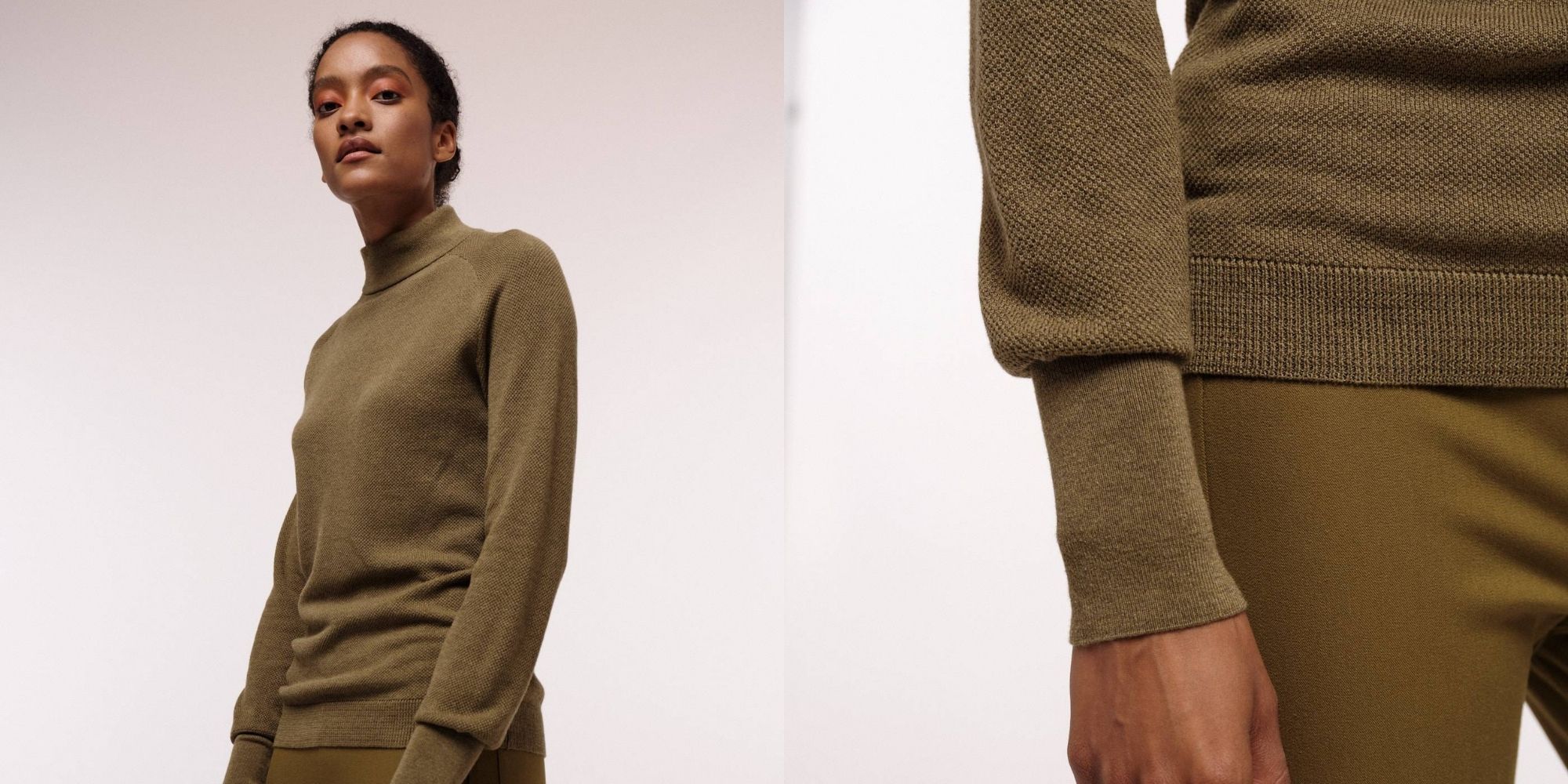 woman wearing olive green turtleneck sweater ethically made by LANIUS