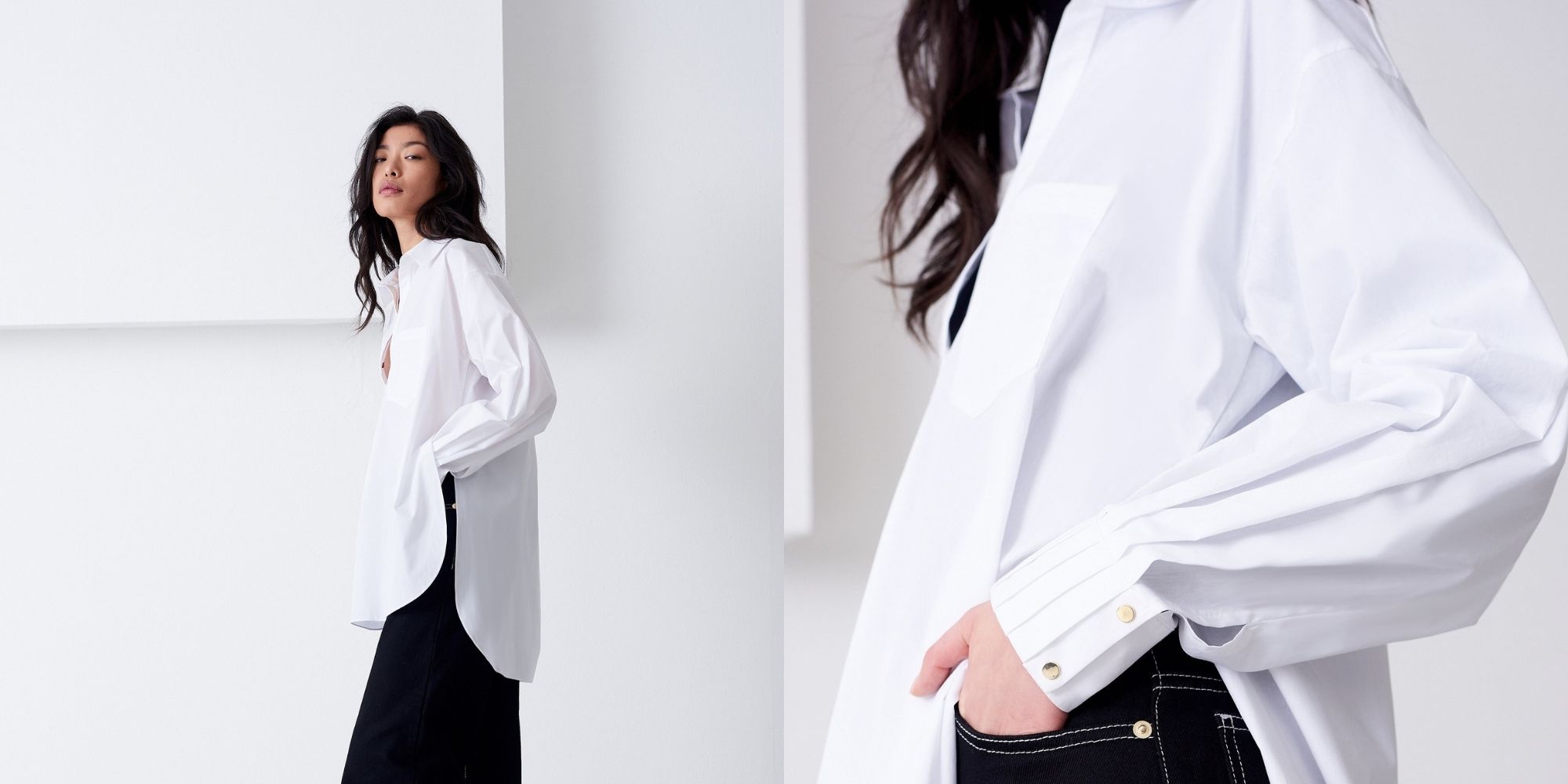 woman wearing oversized sustainable white dress shirt by Mother of Pearl