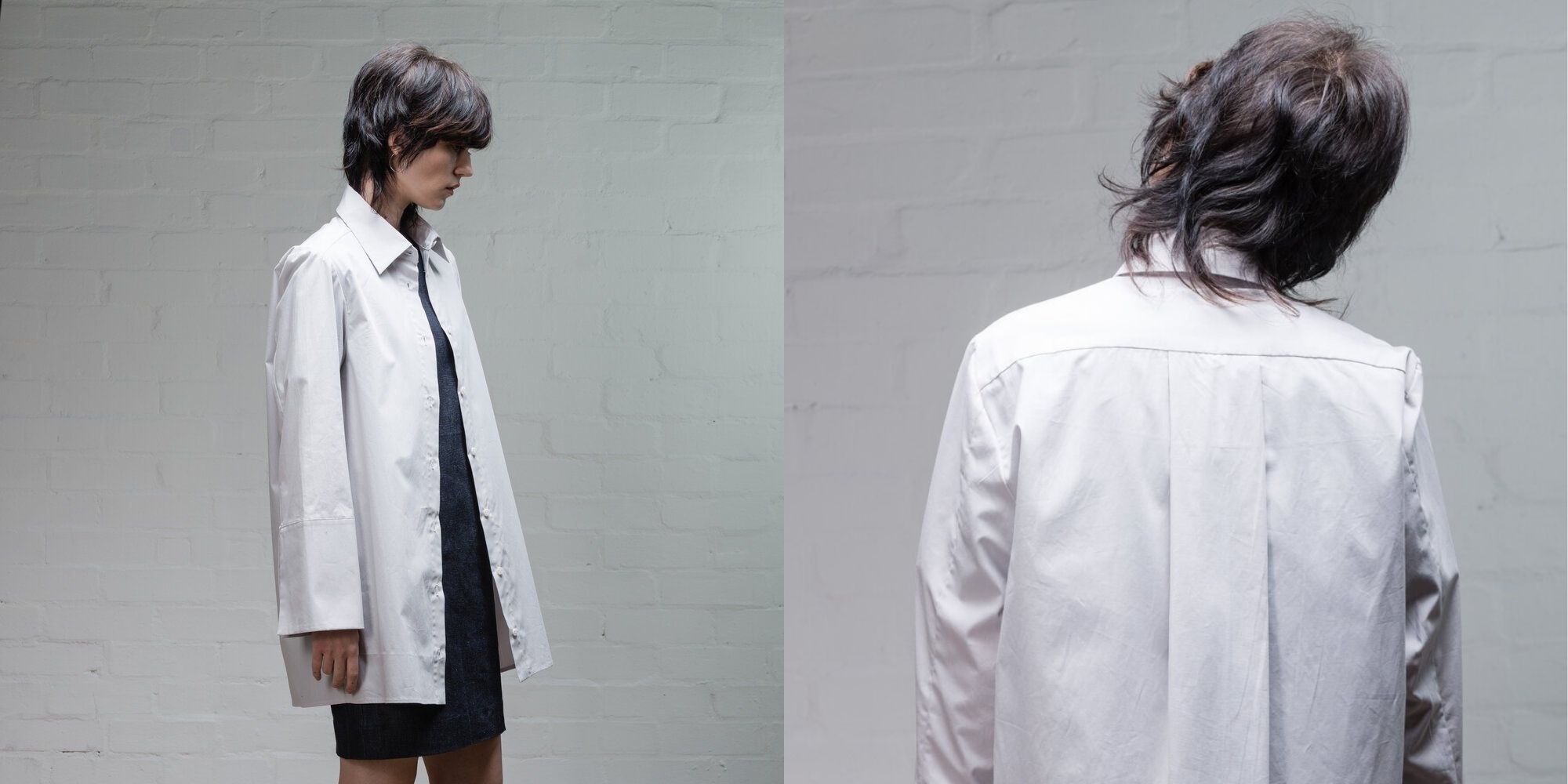 woman wearing light grey oversized sustainable dress shirt by ROZENBROEK