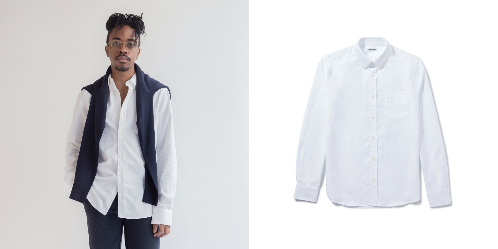 black man wearing white sustainable dress shirt by Unrecorded