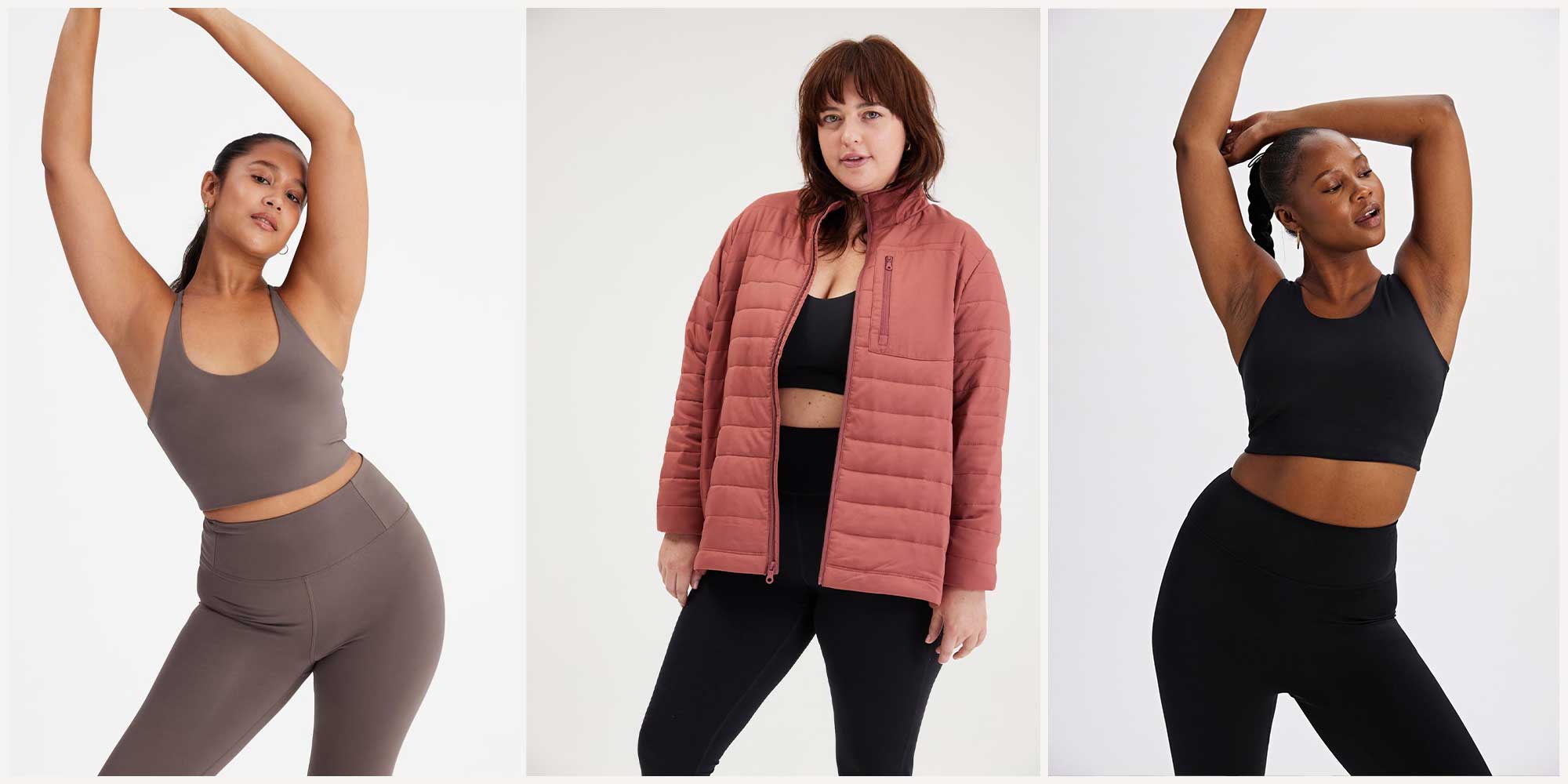three people wearing ethical activewear by Girlfriend Collective