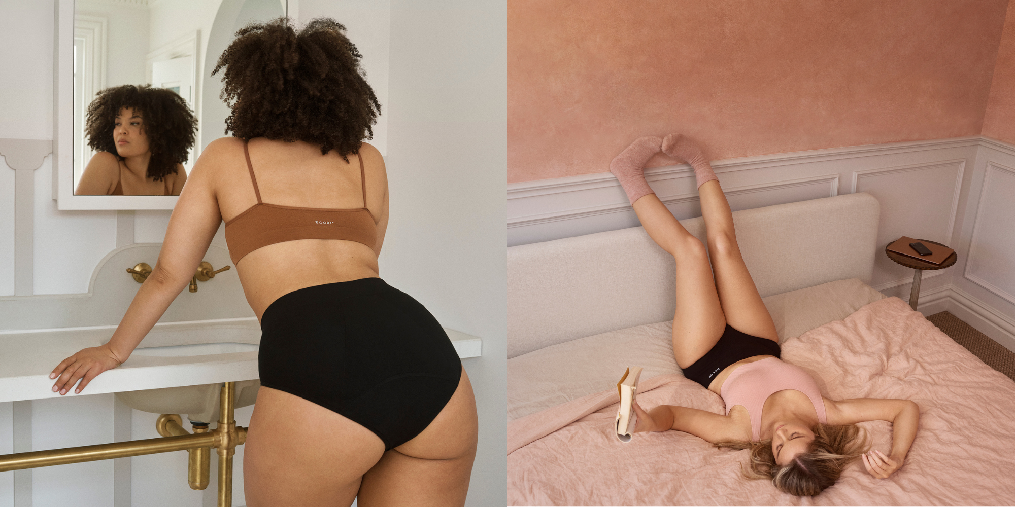 back view of model in full brief and front view of model in classic fit period underwear by Boody