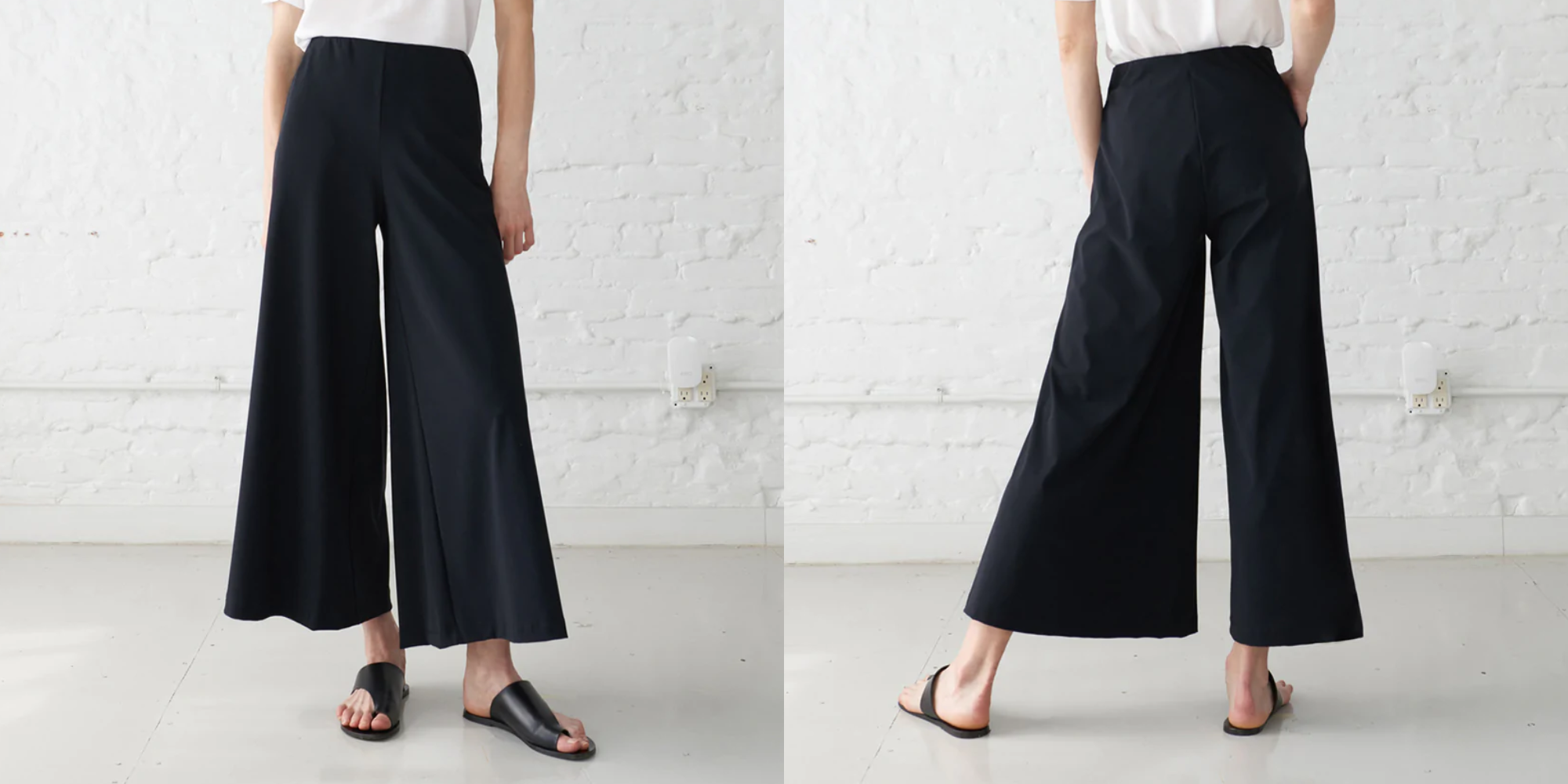 front and back view of person in black wide-leg palazzo pants by Minimalist