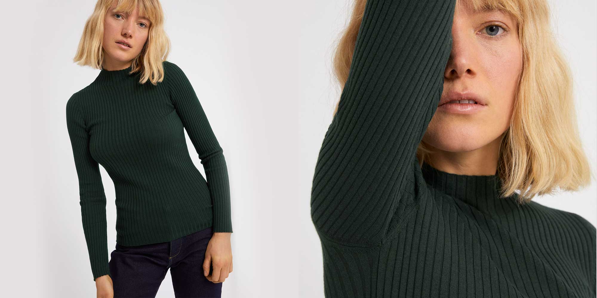 blonde woman wearing forest green sustainable fall staples turtleneck by Armedangels