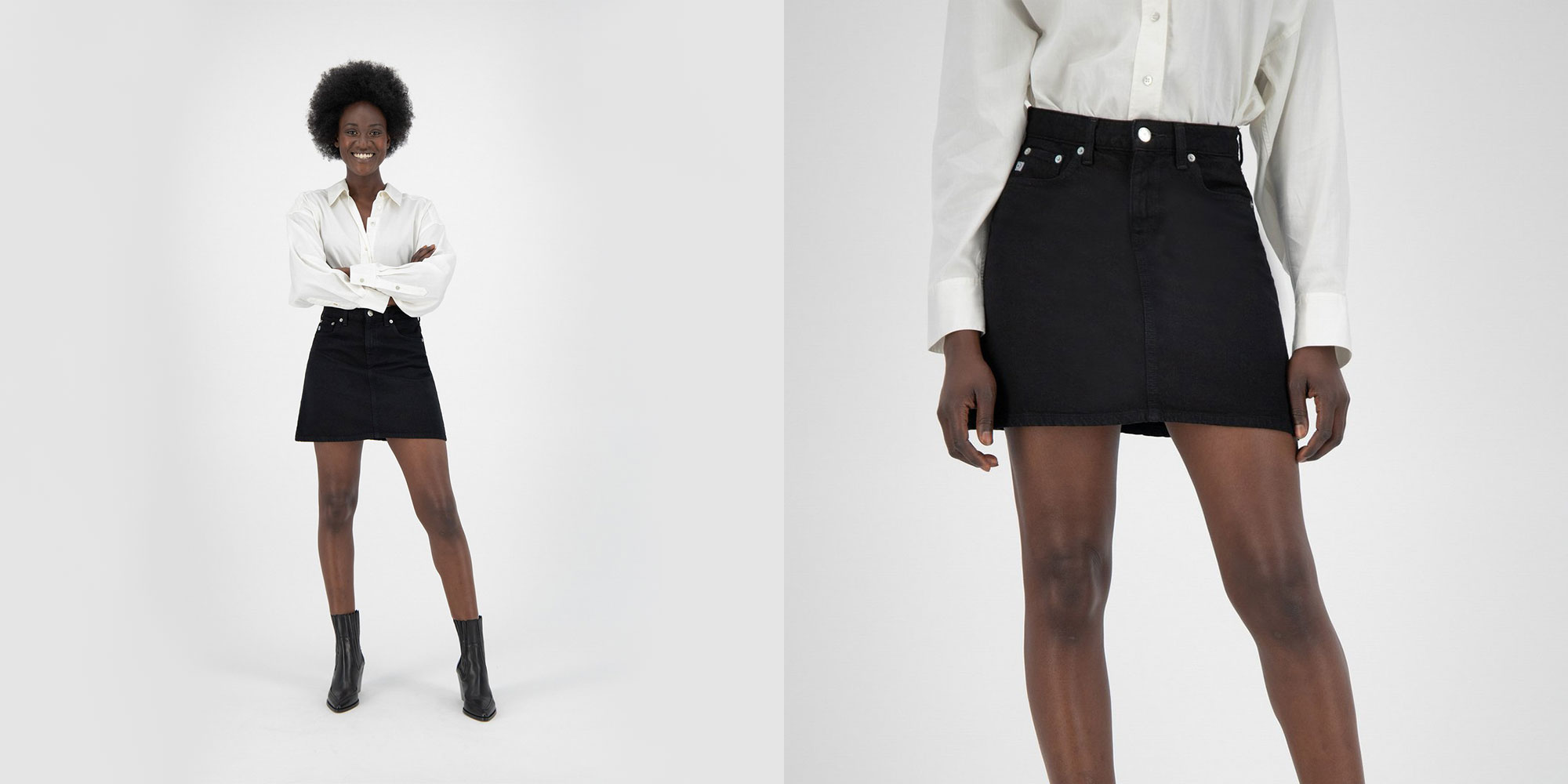 black woman wearing black denim skirt sustainably made by MUD Jeans
