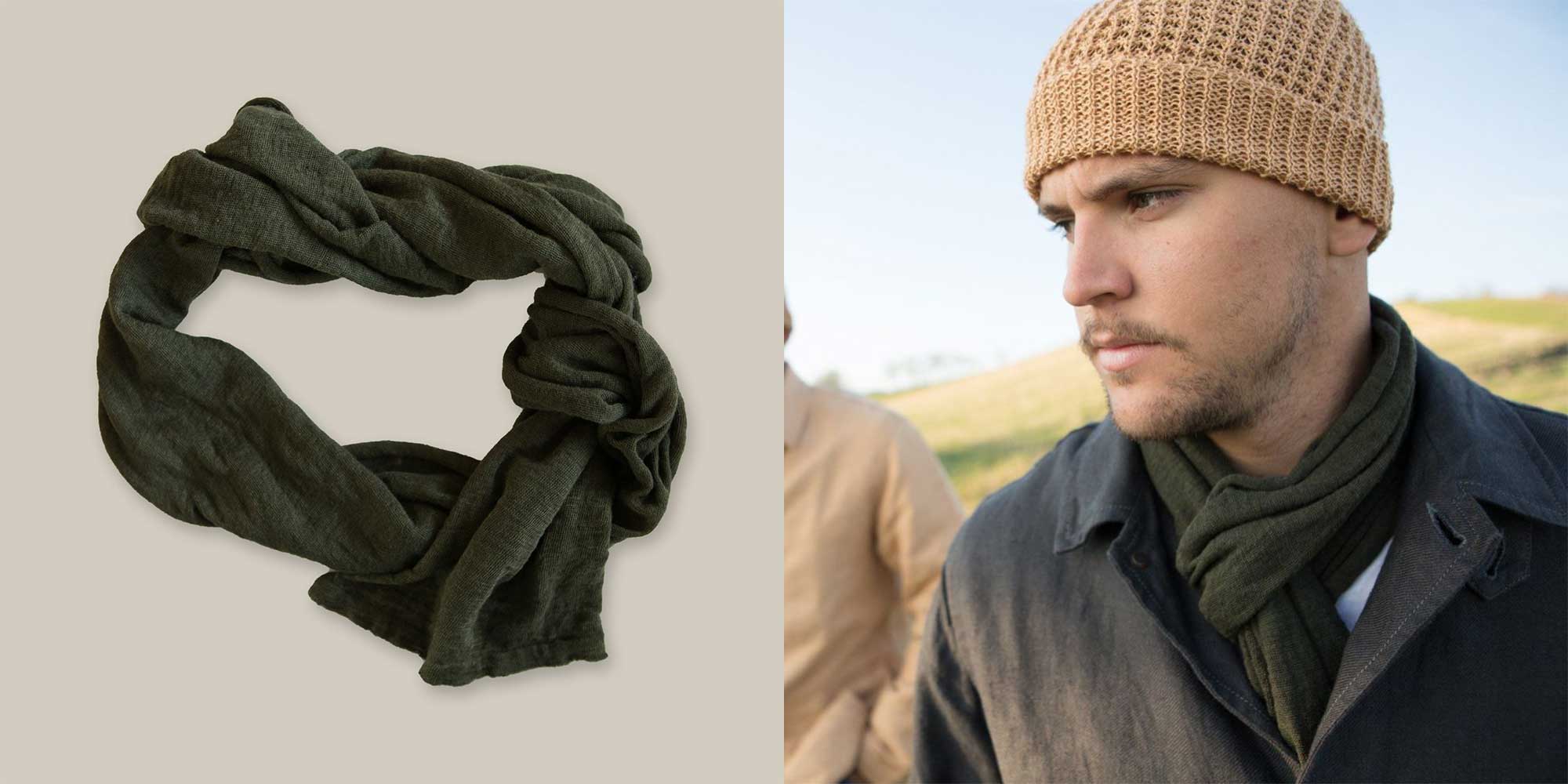 man wearing green scarf and beanie ethically made by Opera Campi