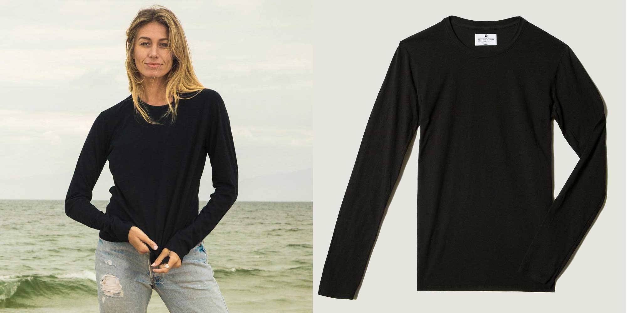 woman wearing black long sleeve sustainable fall staple by The Classic Tshirt Company