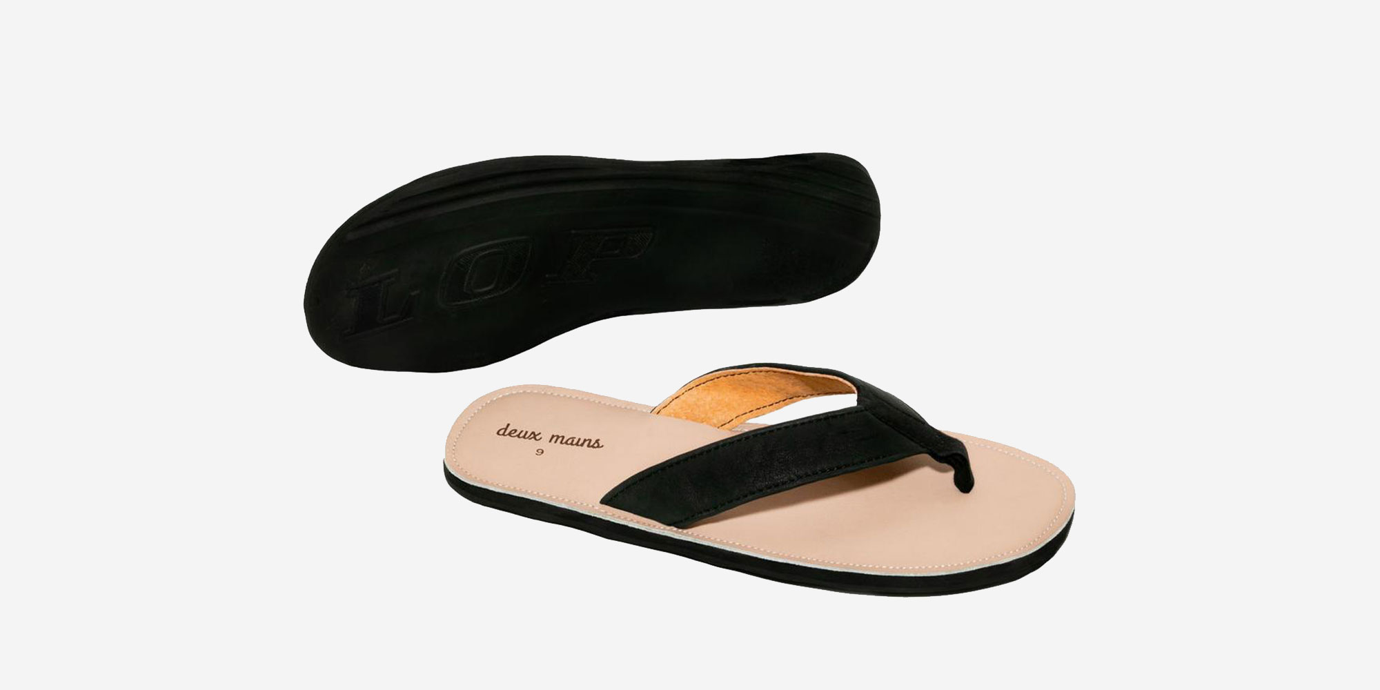 A pair of thick strapped thong-style flip flops with a beige base ethically made by Deux Mains.
