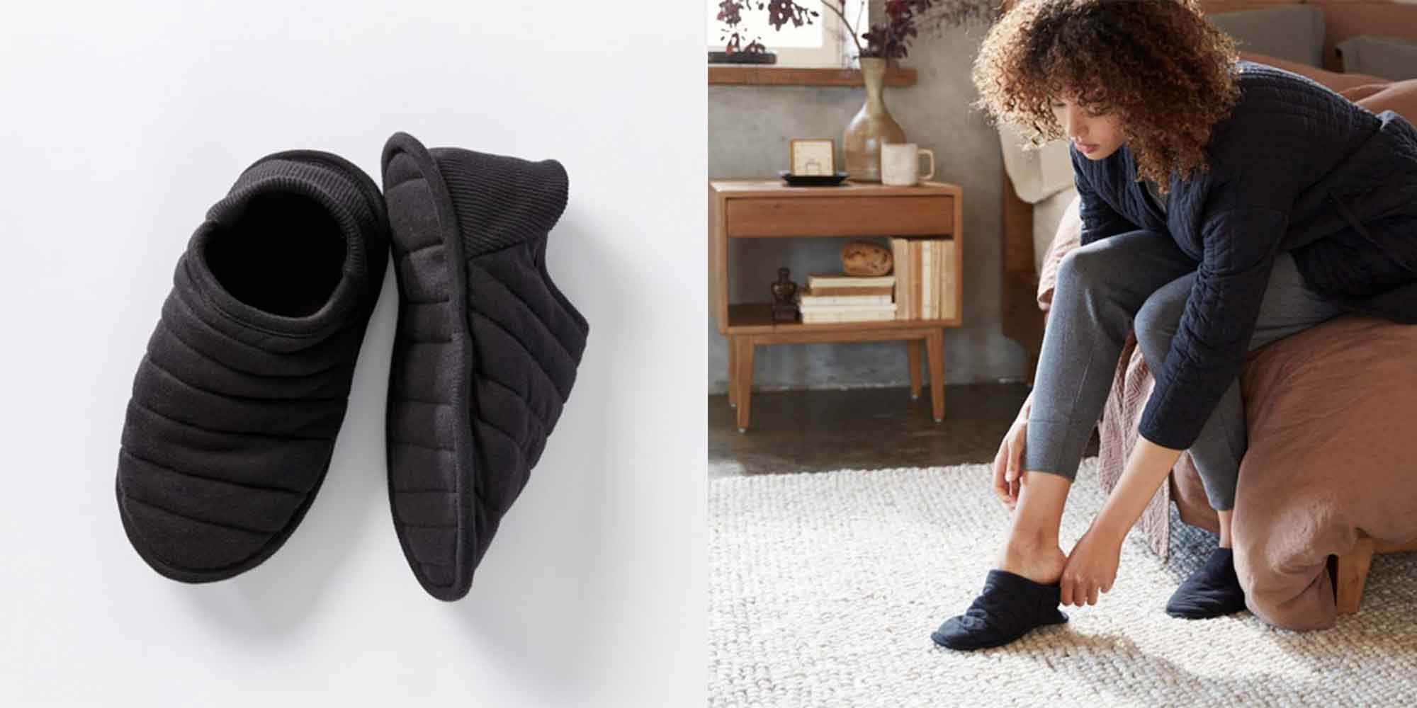 Side by side shots featuring a close up of black quilted house shoes and someone putting them on by eco brand Coyuchi.