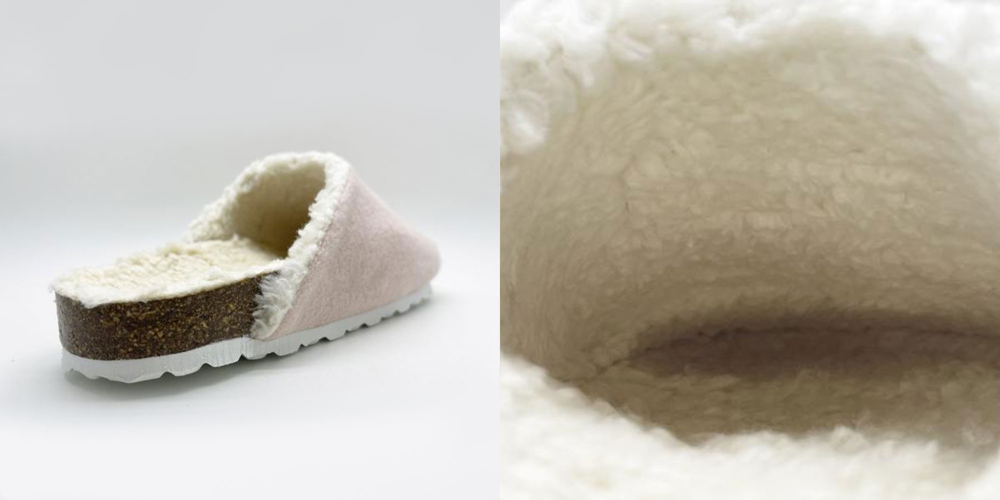 Close up view of fluffy vegan rose pink, cream, and brown sole slippers by Nat-2 brand.