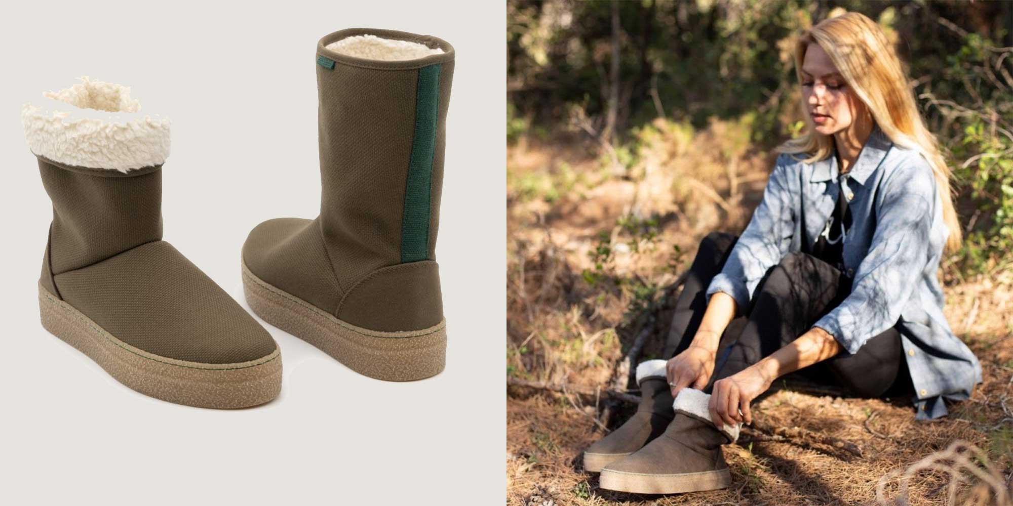 Side by side of brown vegan ugg boots next to someone outdoors putting them on by Vesica Piscis.