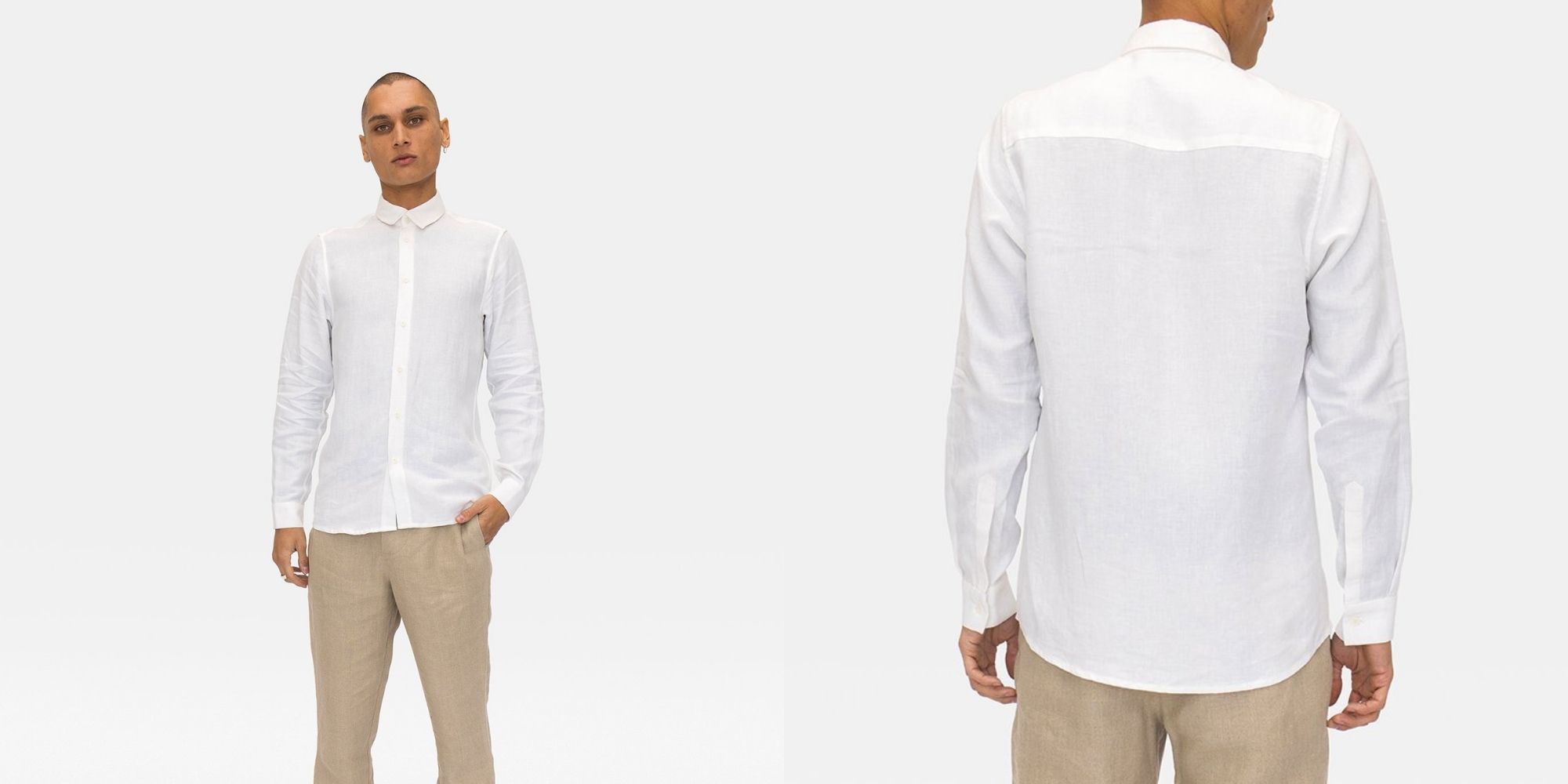 person wearing white organic linen shirt by A.BCH