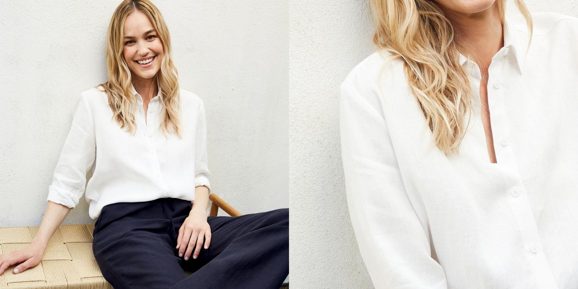 woman wearing white hemp sustainable shirt by Baukjen