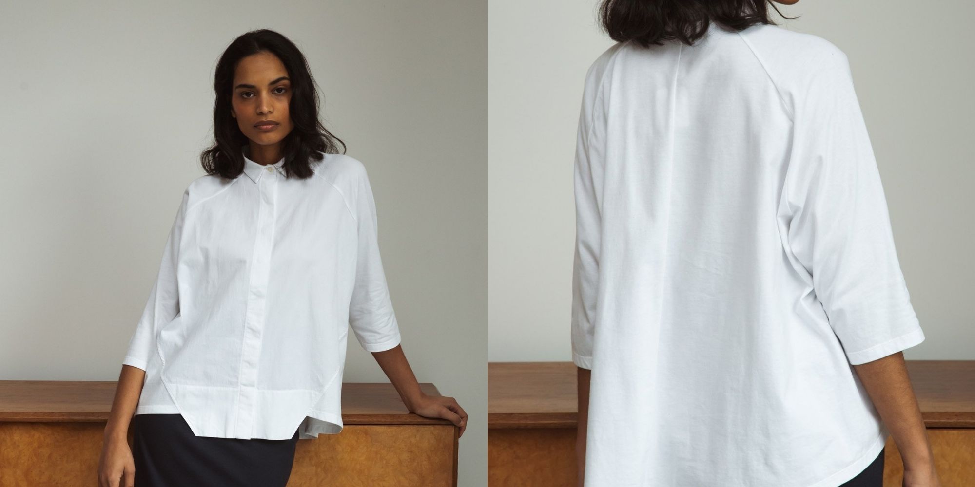 woman of colour wearing white oversized dress shirt by Beaumont Organic