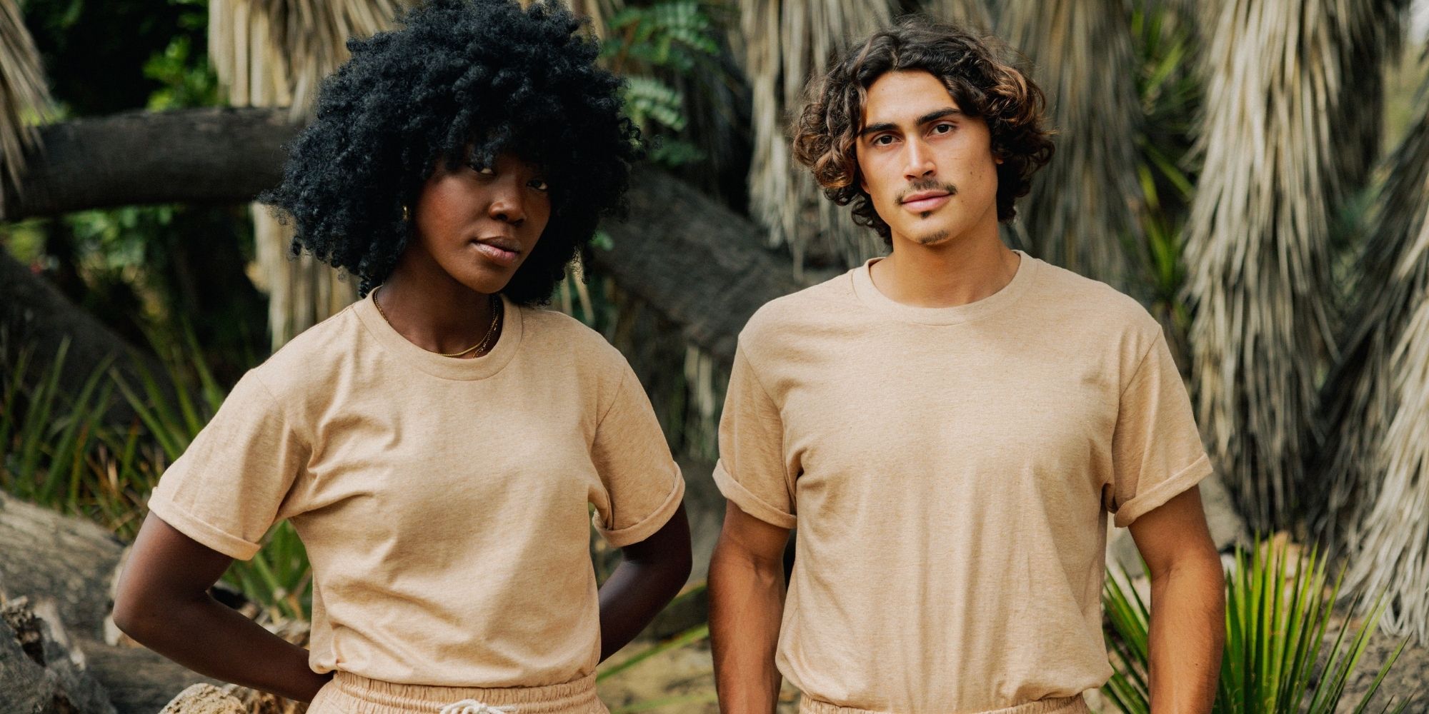 two people wearing natural brown undyed cotton tops and joggers by Harvest & Mill