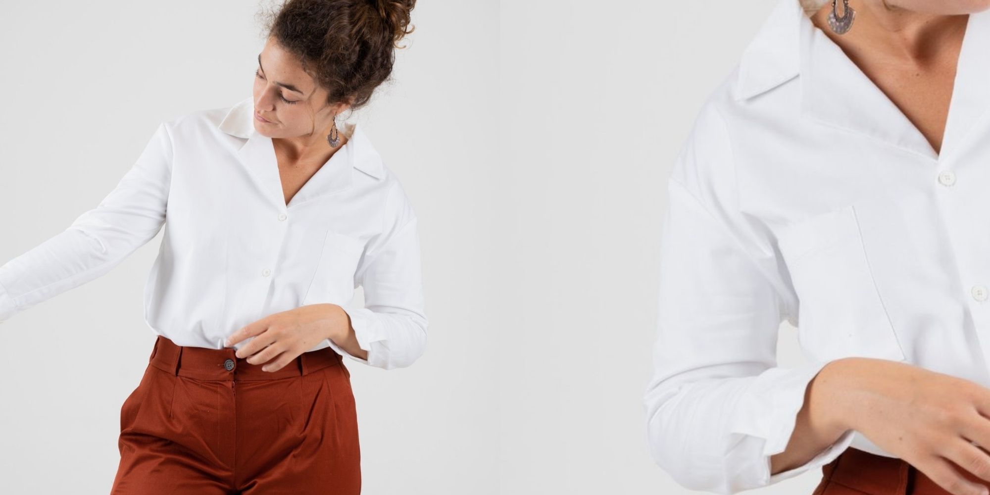 woman wearing vintage-style sustainable white dress shirt by Naz