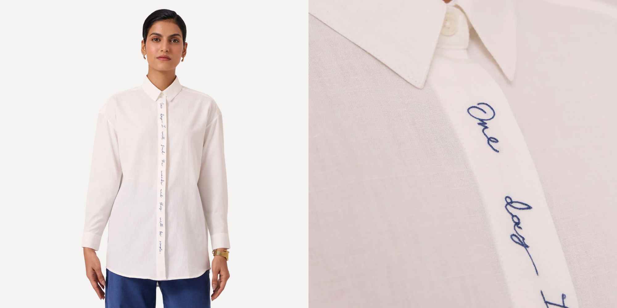 person wearing embroidered white shirt from the summer house