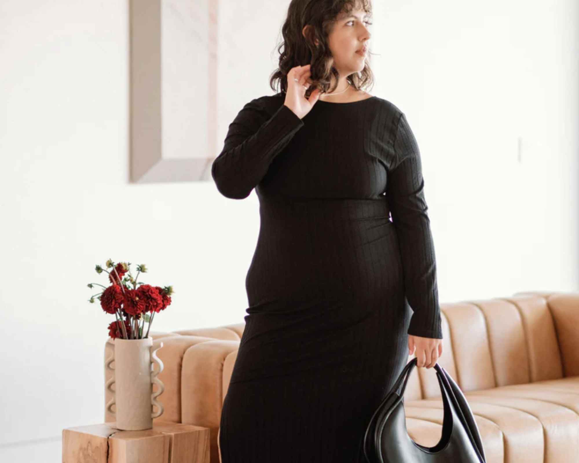 person wearing smart dress for the office from whimsy and row