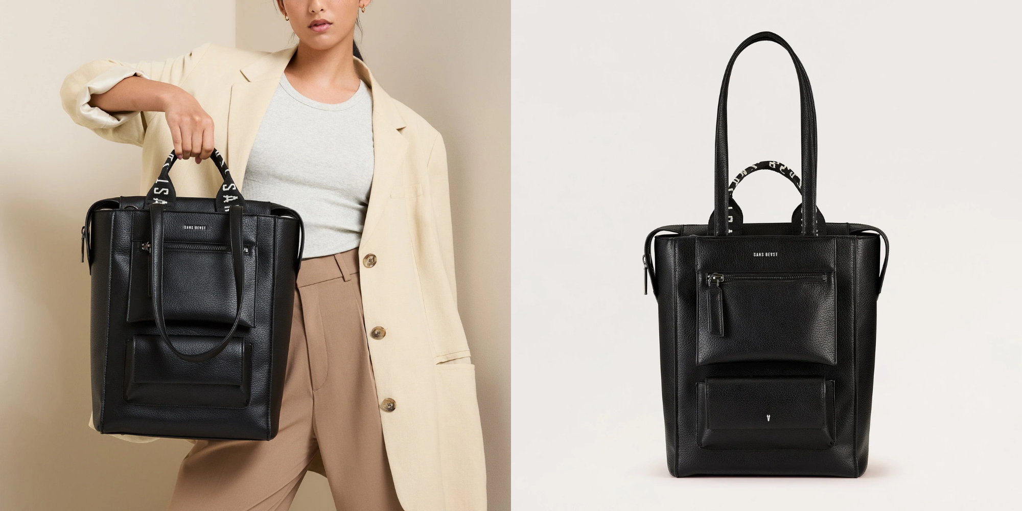 Someone stylishly holding tote bag by Sans Beast.