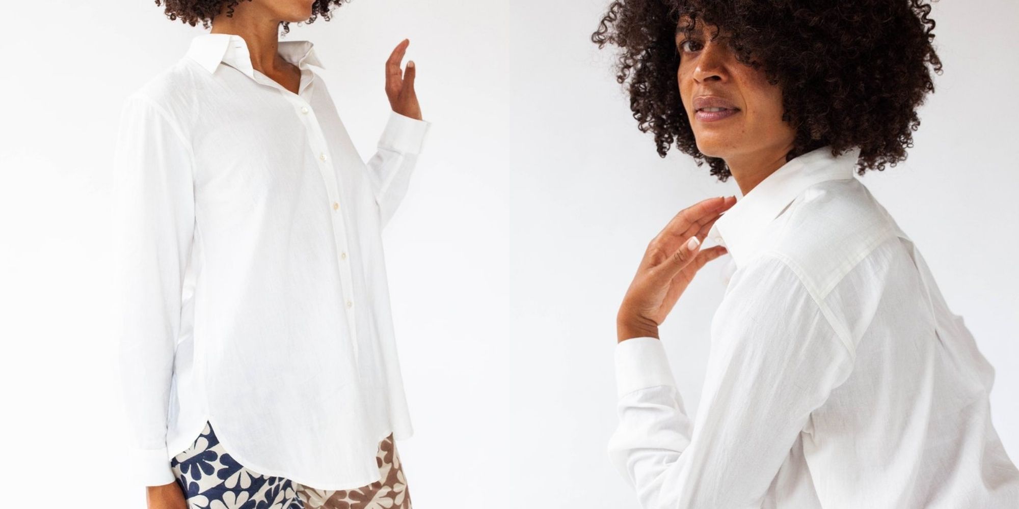 woman of colour with afro wearing white button up shirt from Seek Collective