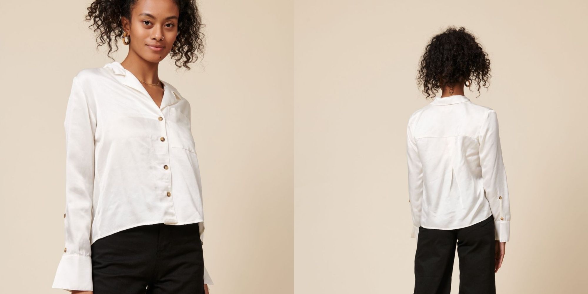 woman of colour wearing white silky shirt by Whimsy + Row