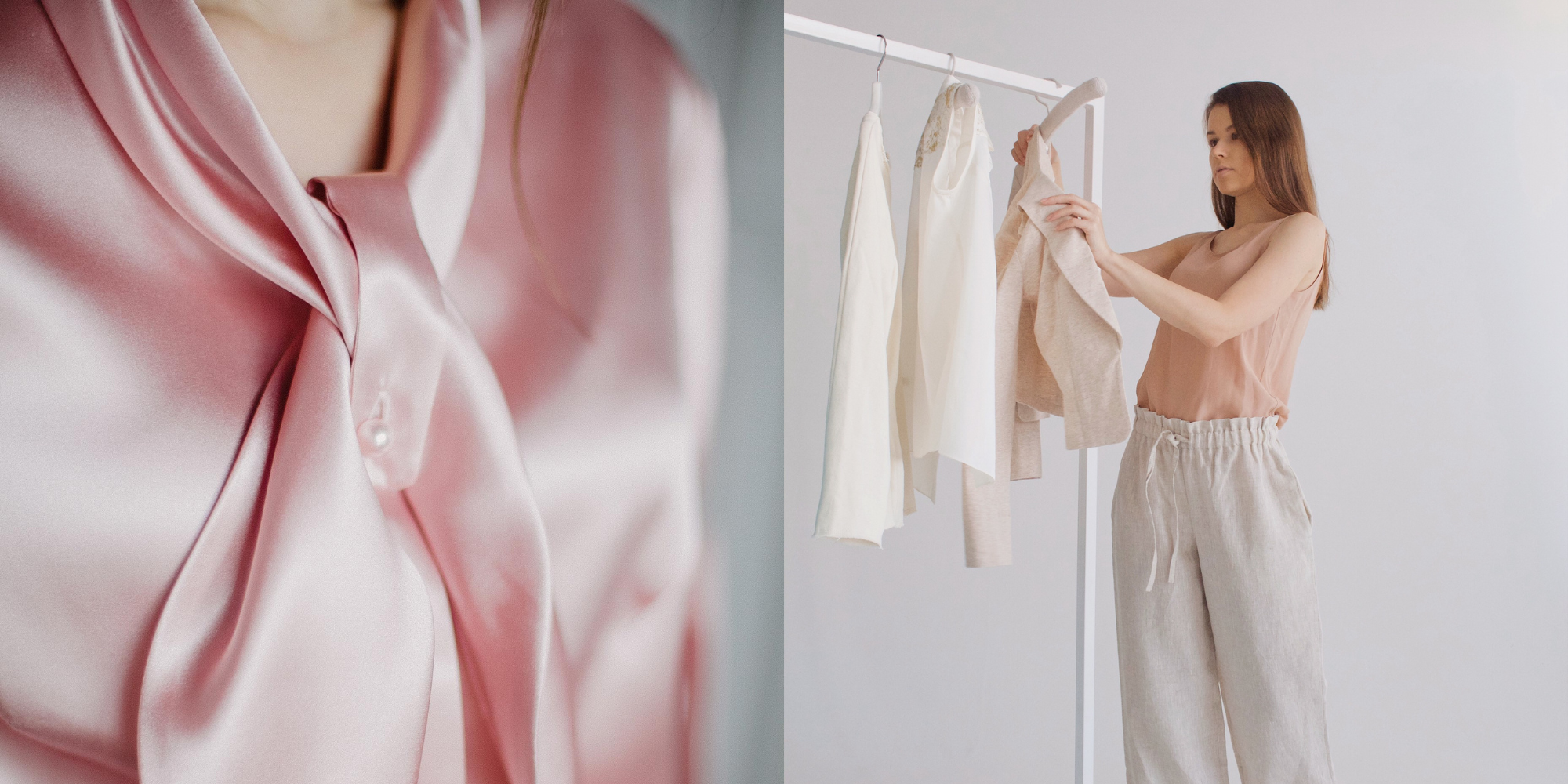 close up of custom silk blouse and person looking through tops by Dressarte Paris