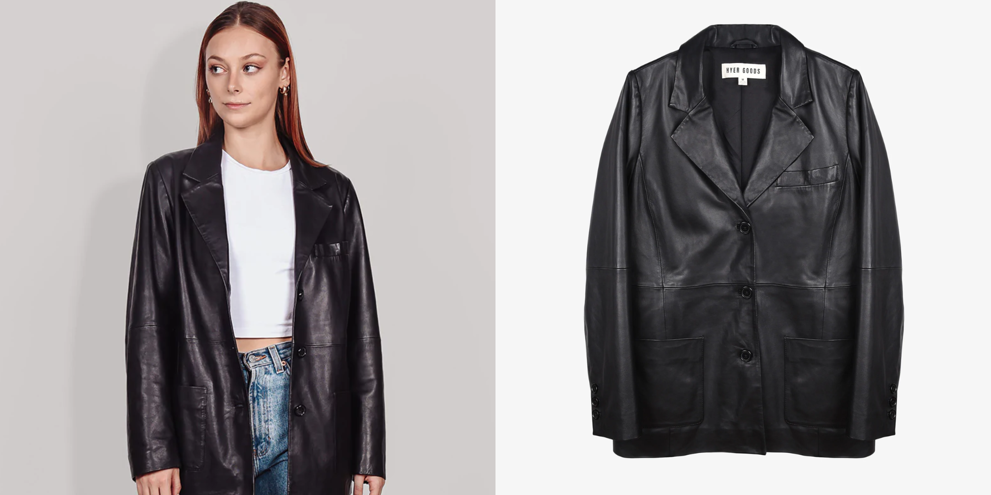 person in black deadstock leather blazer by Hyer Goods