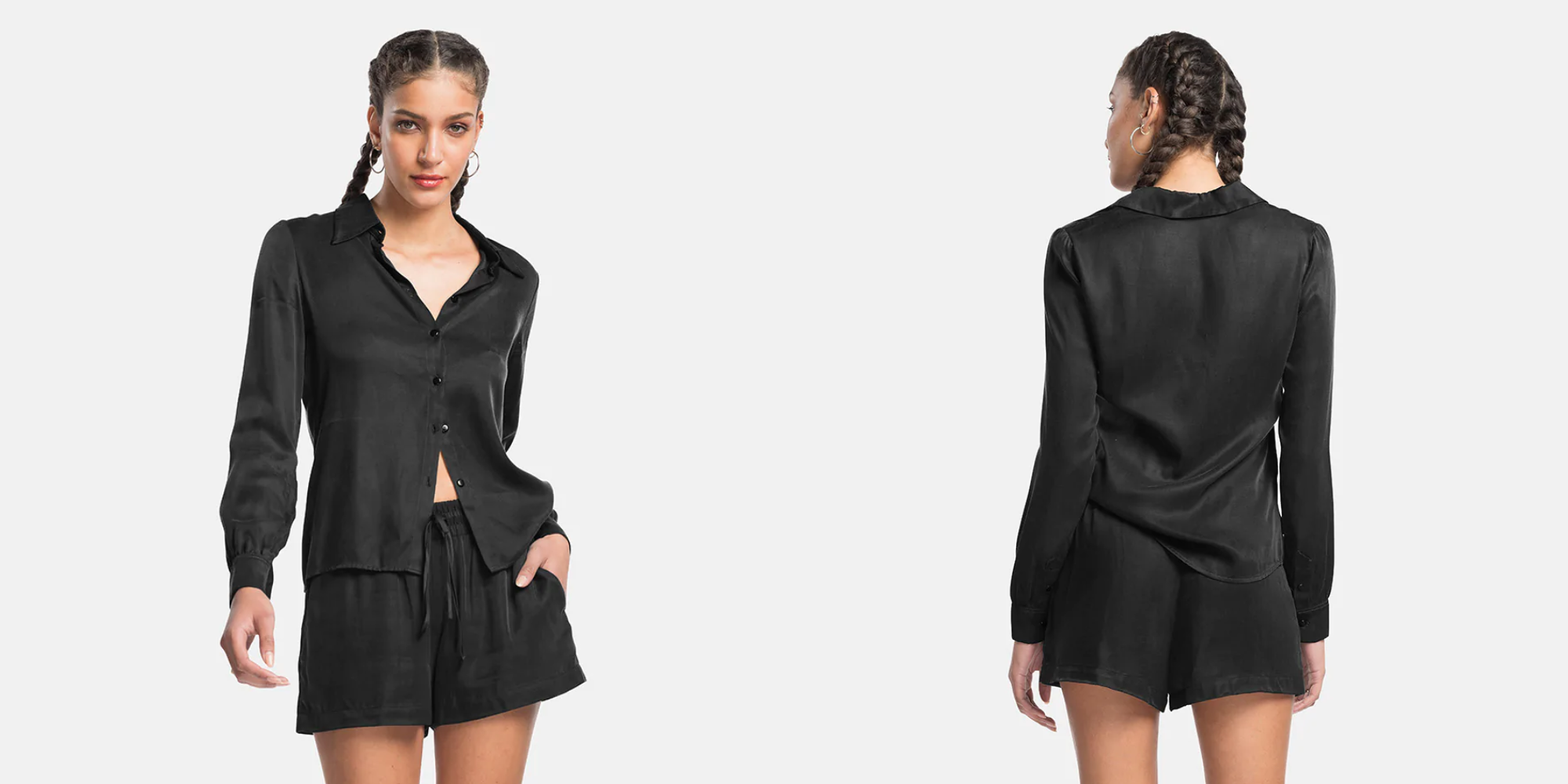 front and back view of model posing in black blouse by Katla
