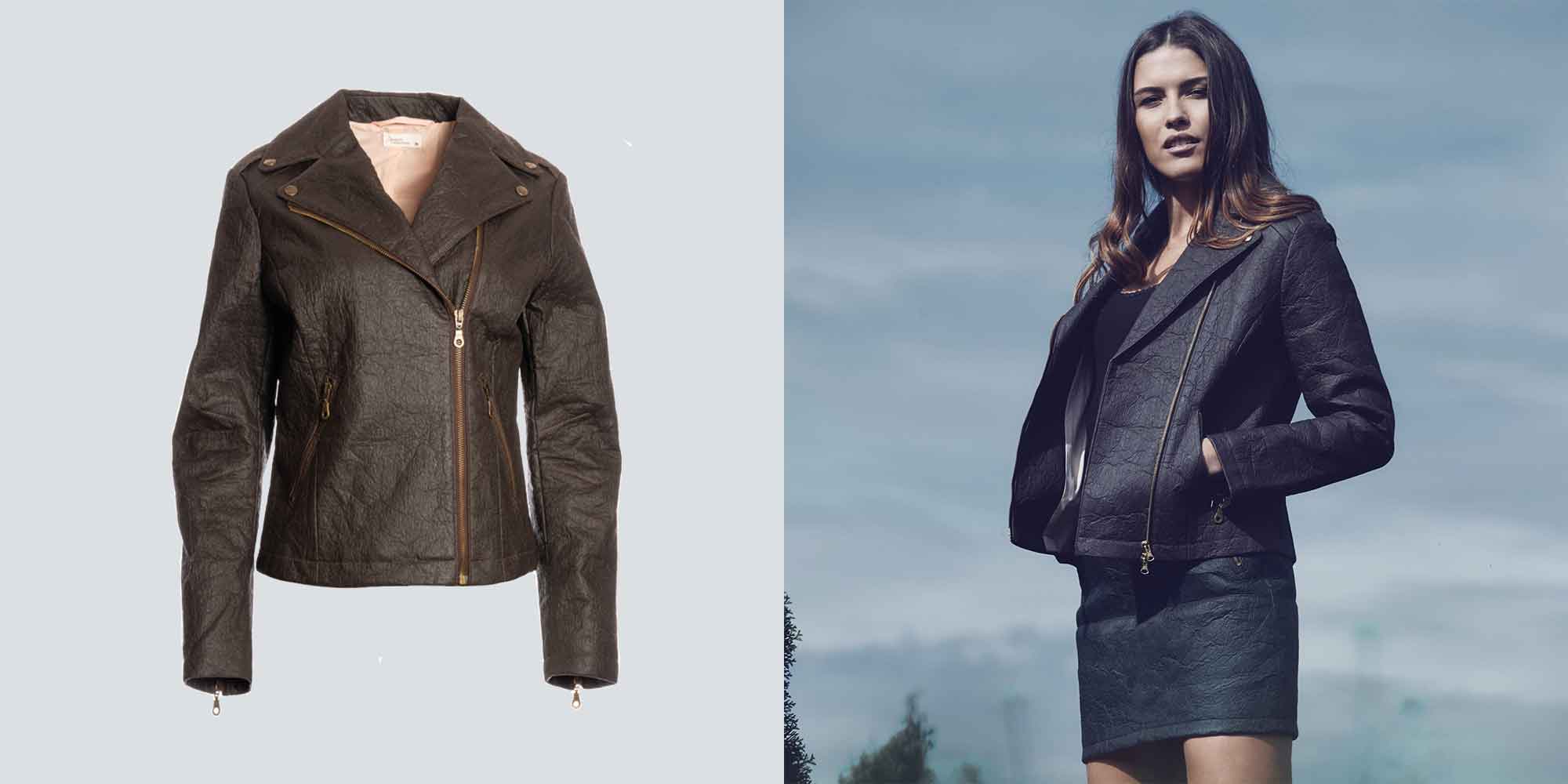 woman and close up of vegan leather jacket by Angels Ambitions