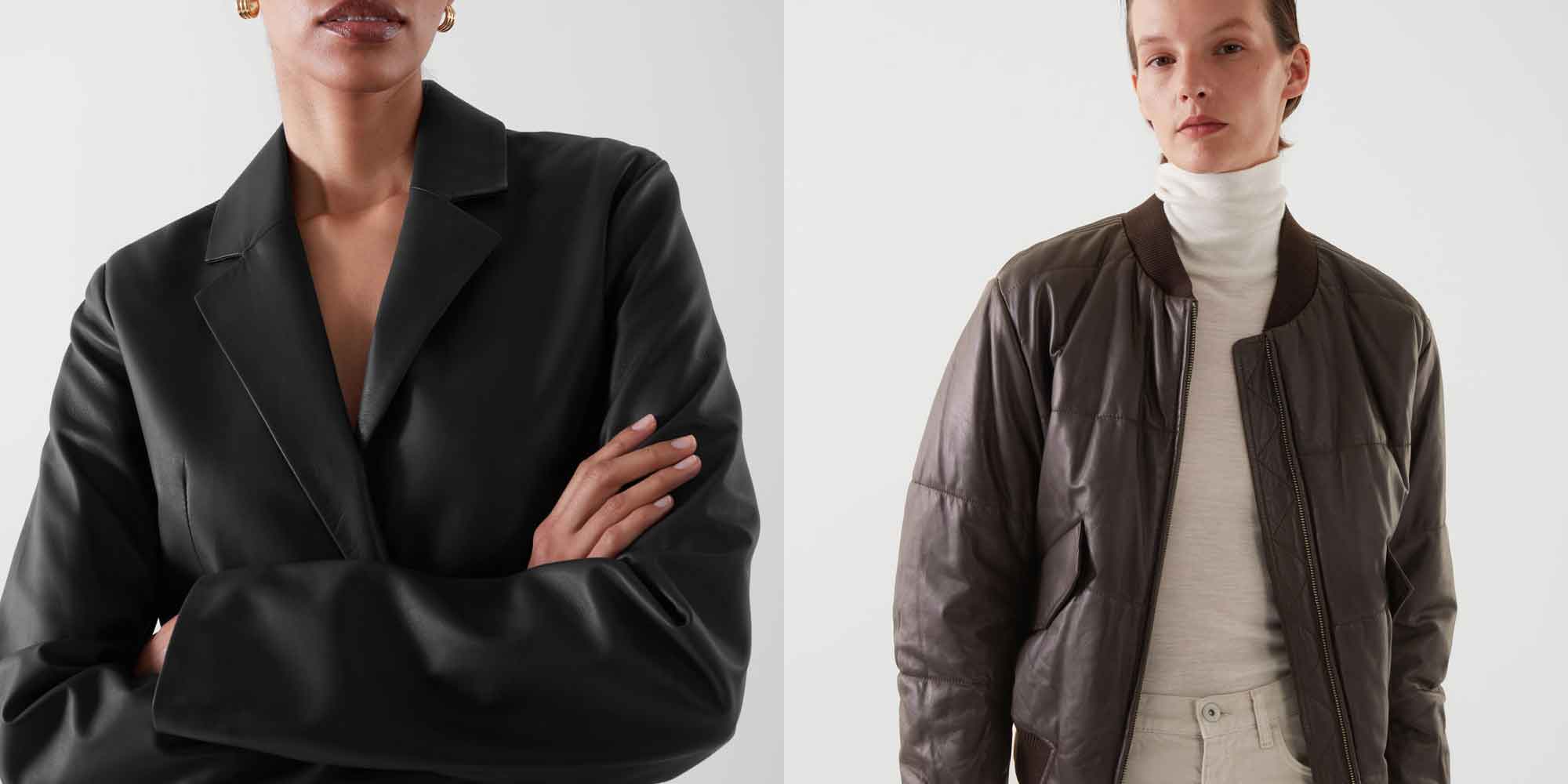 two women wearing second hand leather jackets by COS
