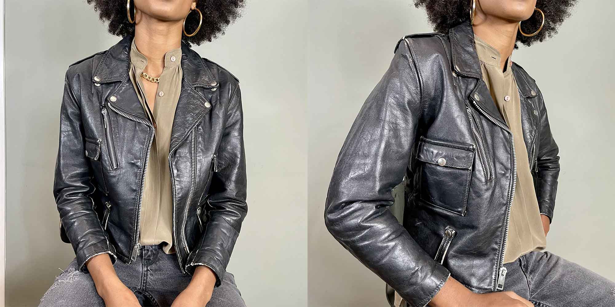 woman wearing a second hand leather jacket by one vintage