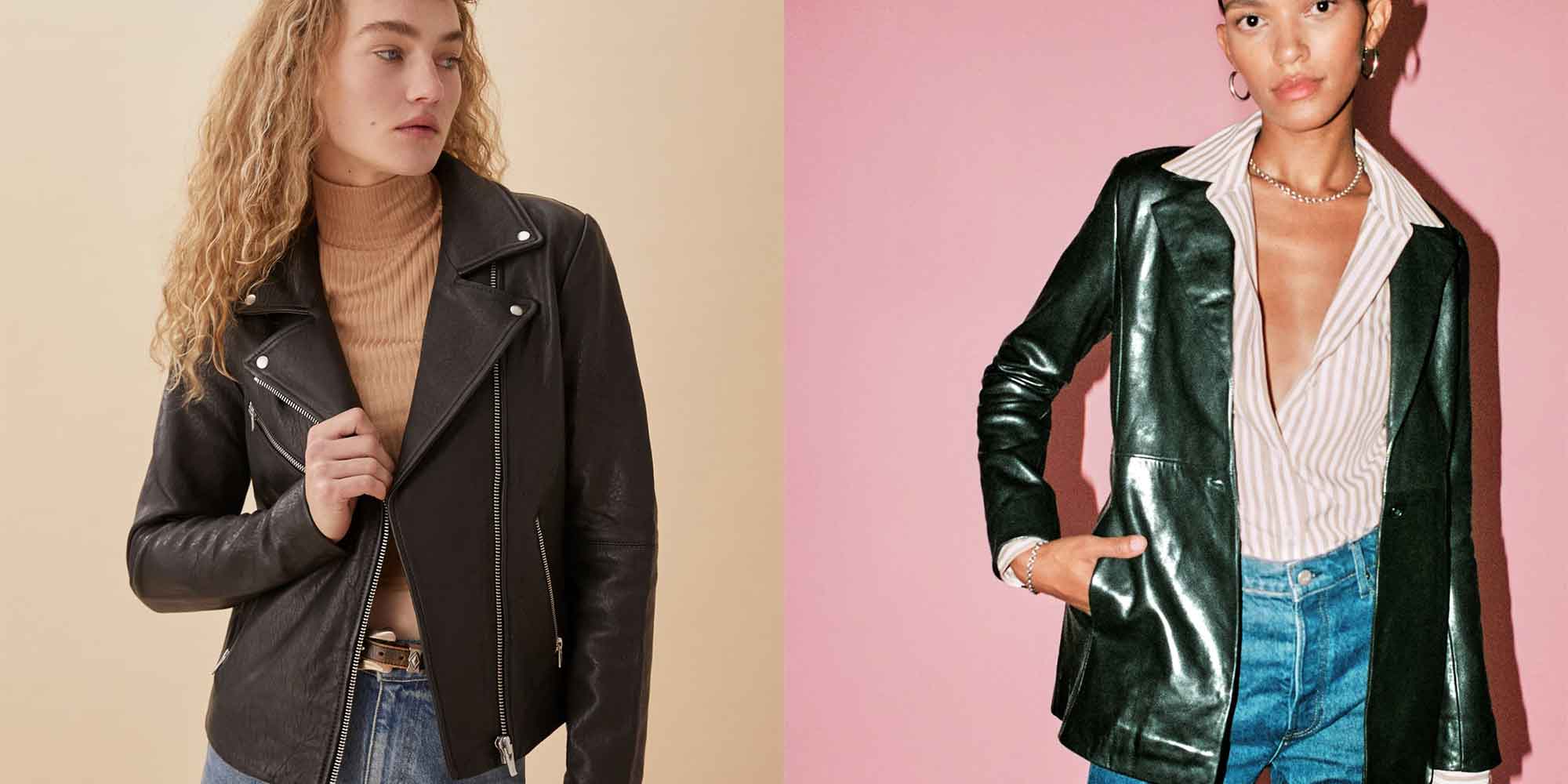 two women wearing second hand leather jackets by Reformation