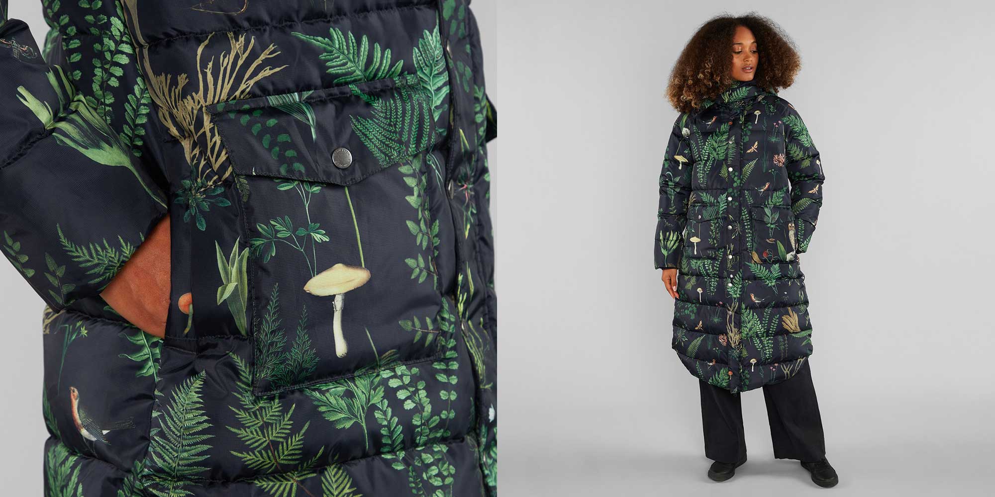 Person wearing long jungle-print sustainable puffer jacket by Dedicated