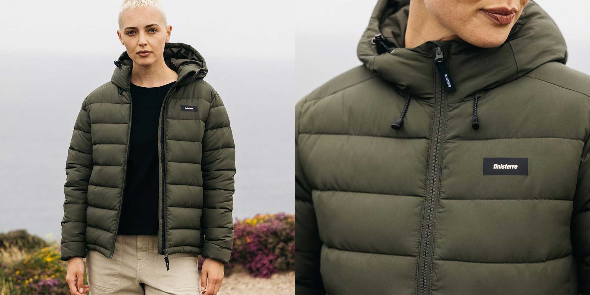 Person wearing ethical khaki puffer jacket by Finisterre