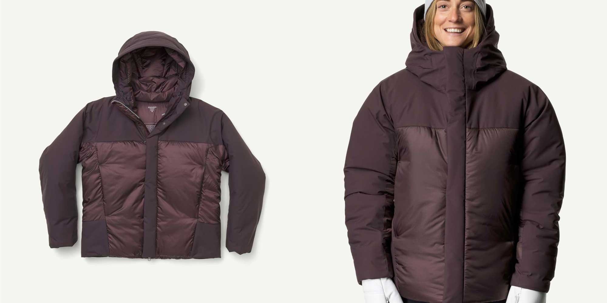 Person wearing burgundy puffer jacket by Houdini