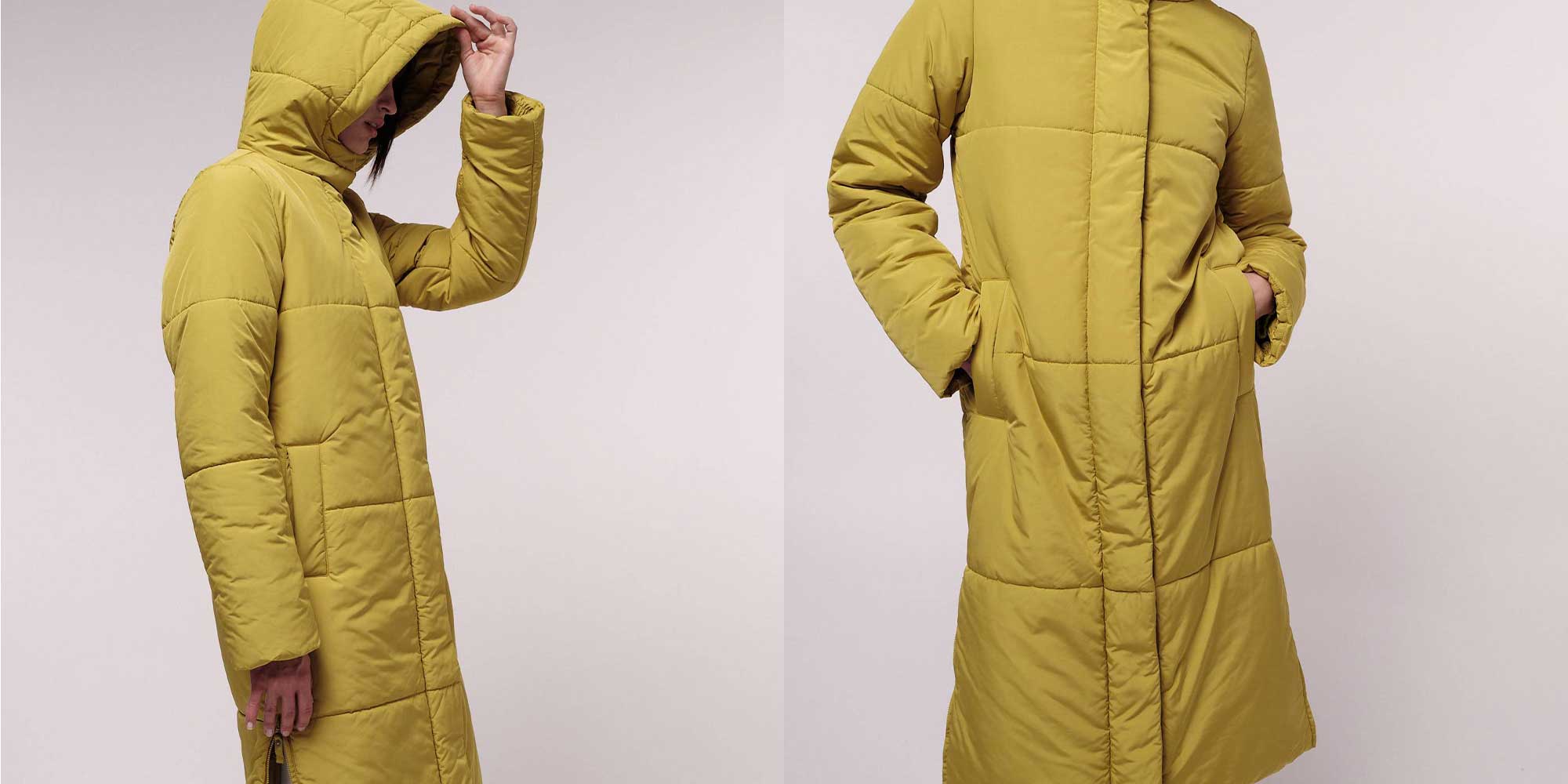 Person wearing long yellow puffer jacket by sustainable brand LANIUS