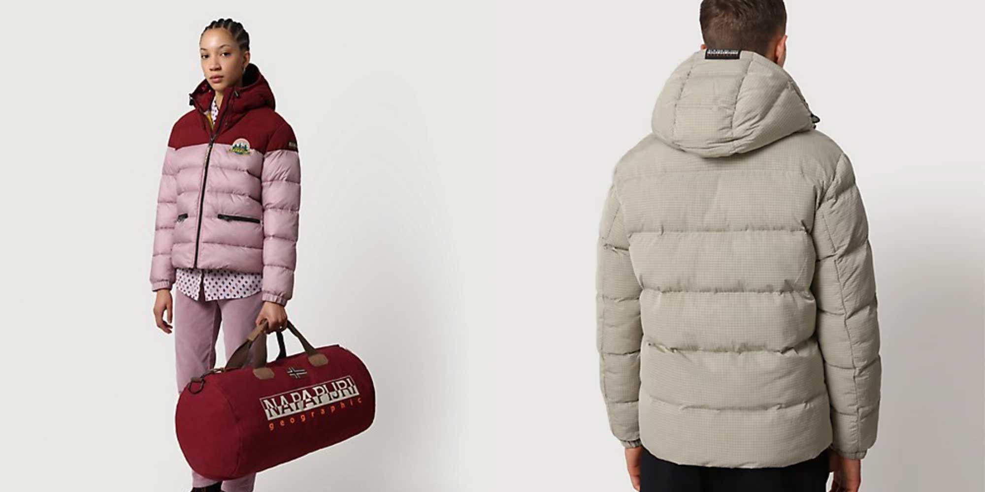 Two people wearing puffer jackets by Napapijri