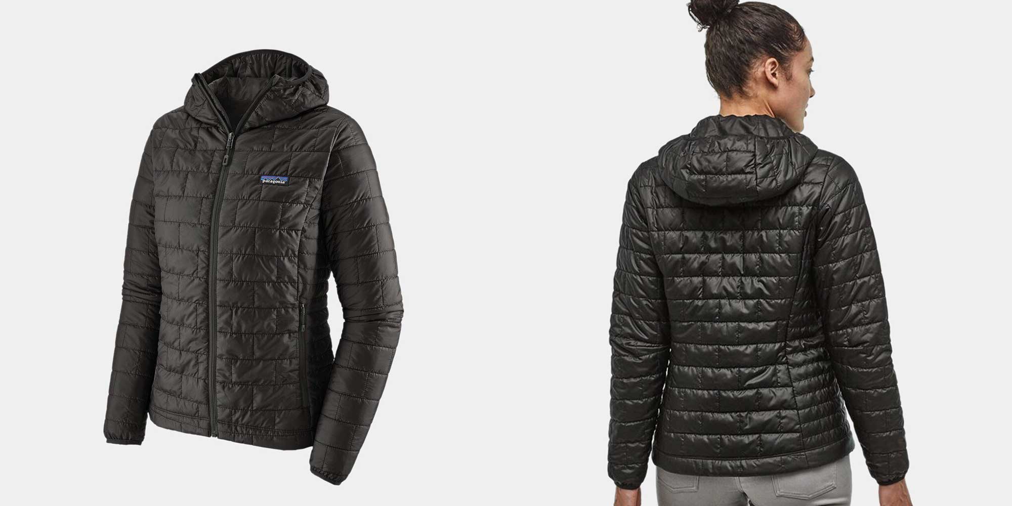 Person wearing shiny black puffer jacket by Patagonia
