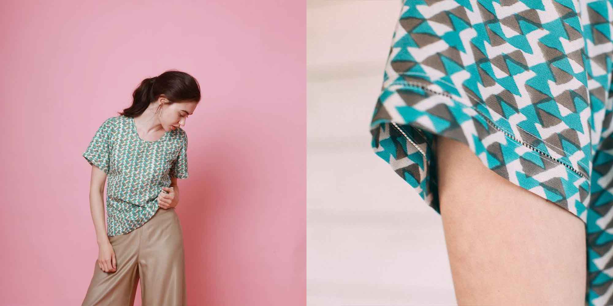 Woman wearing patterned silk top by the ethical silk company.