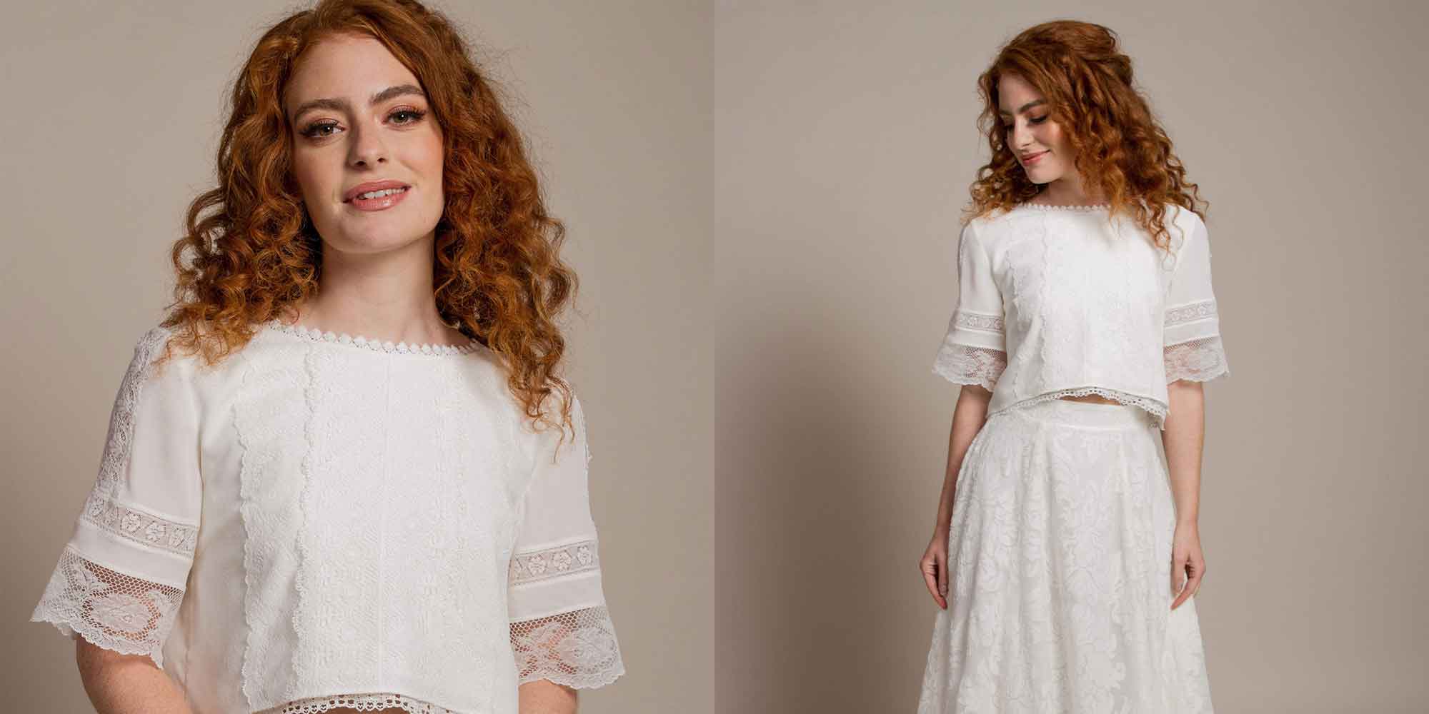 Women wearing white lace silk top by IndieBride.