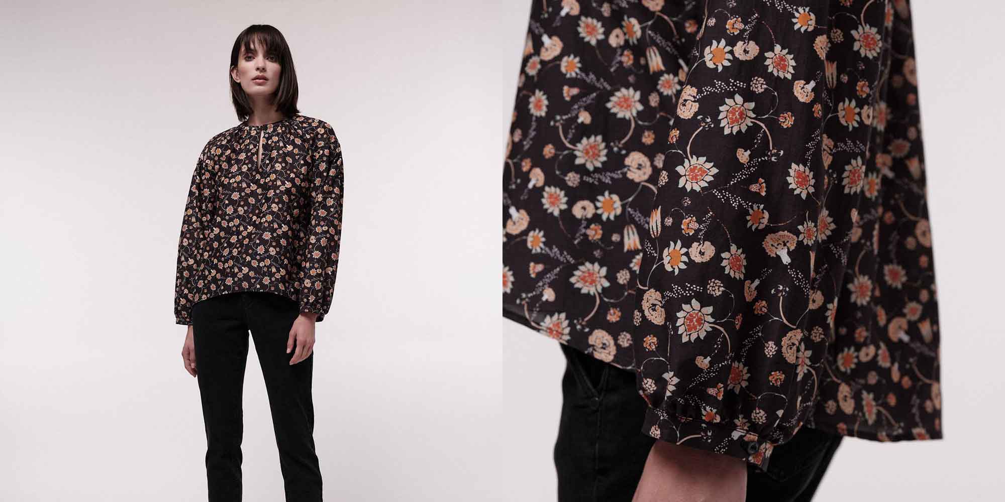 Woman wearing floral sustainable silk shirt by LANIUS.