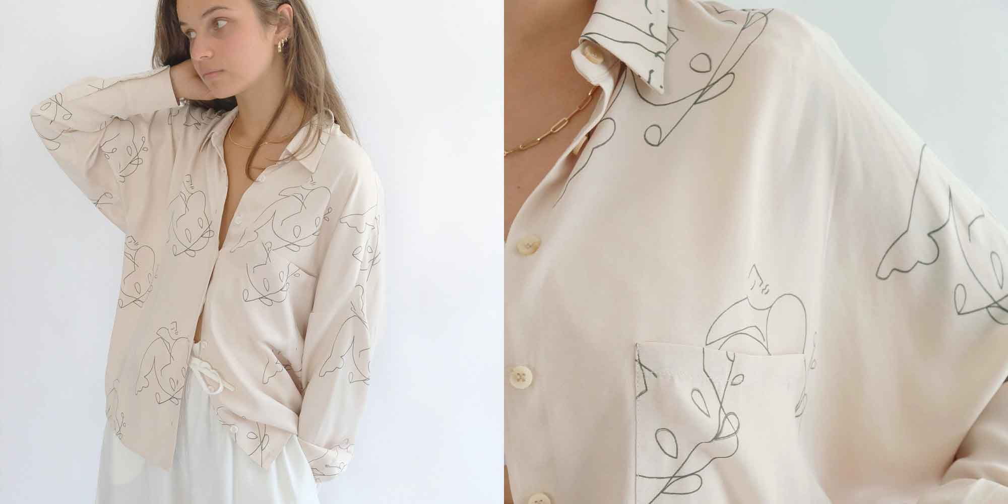 Woman wearing white vegan silk shirt by ohsevendays.